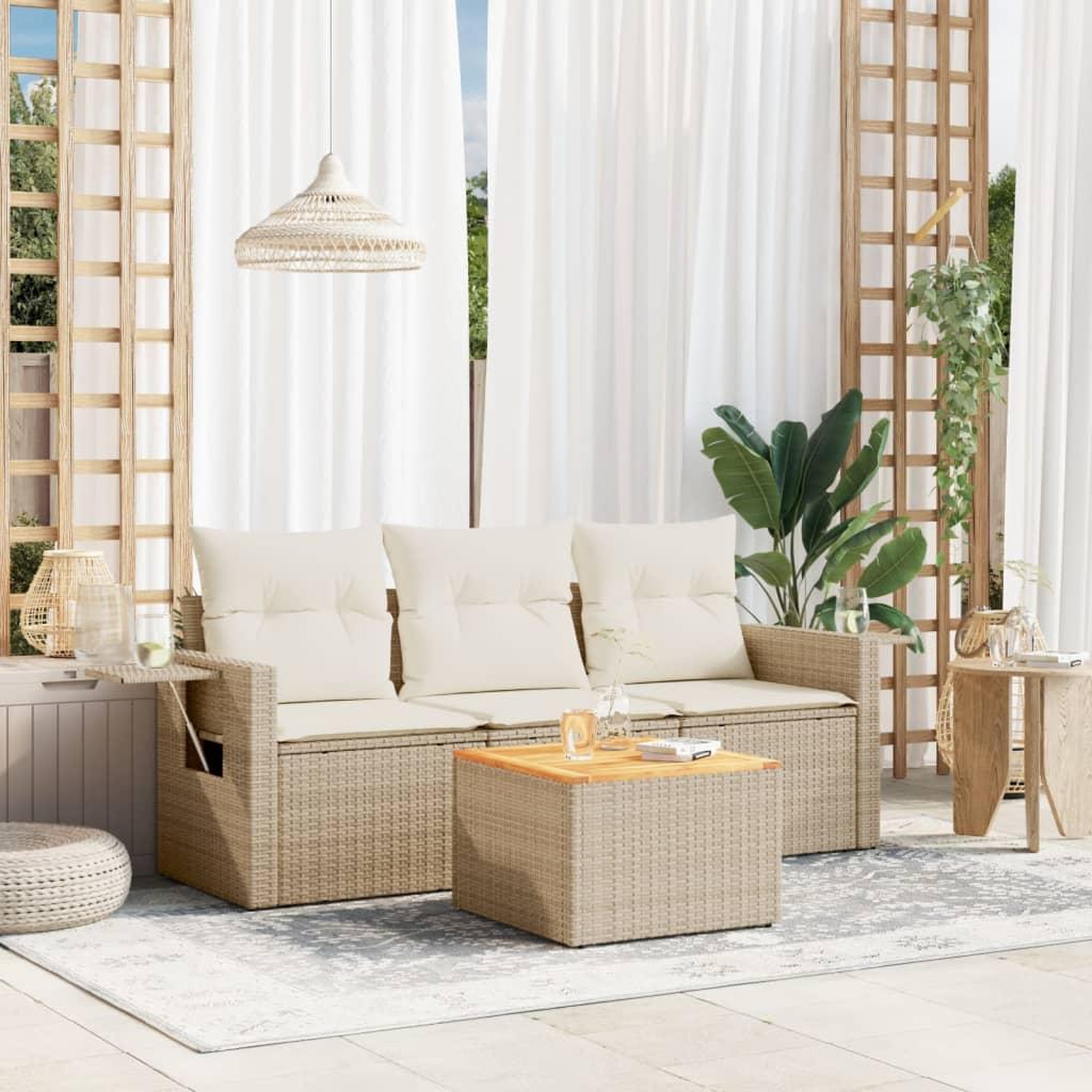 VIDAXL Salon de jardin avec coussins 4 pcs beige resine tressee