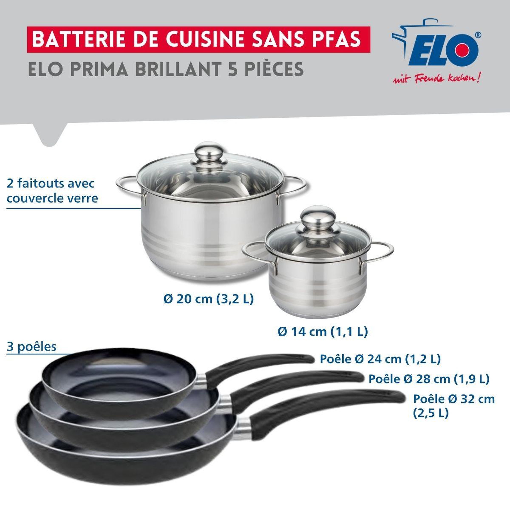 Voir la diapositive 2 : ELO Ensemble de 3 poêles de cuisson 24, 28 et 32 cm et 2 faitouts 14 et 20 cm elo prima brillant