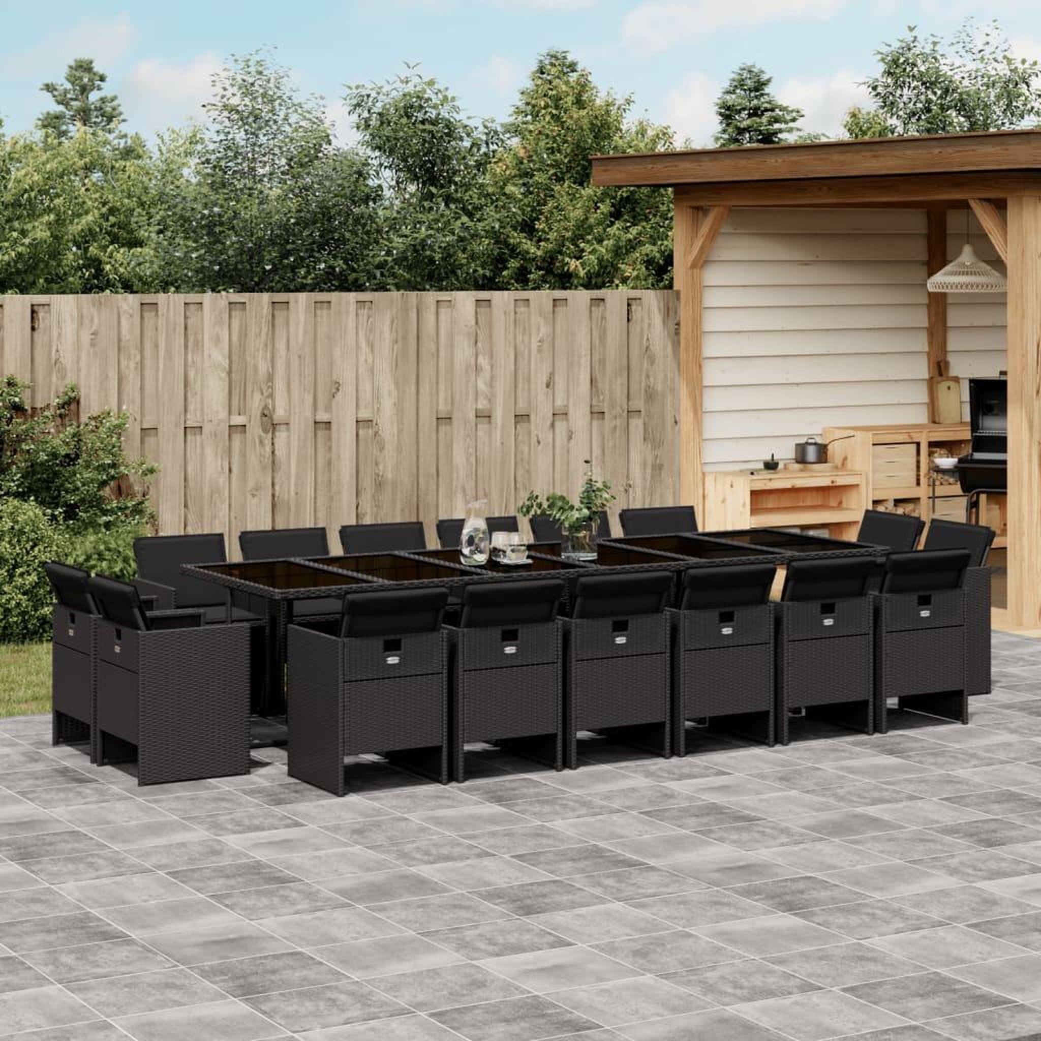 VIDAXL Ensemble a manger de jardin 17 pcs coussins noir resine tressee