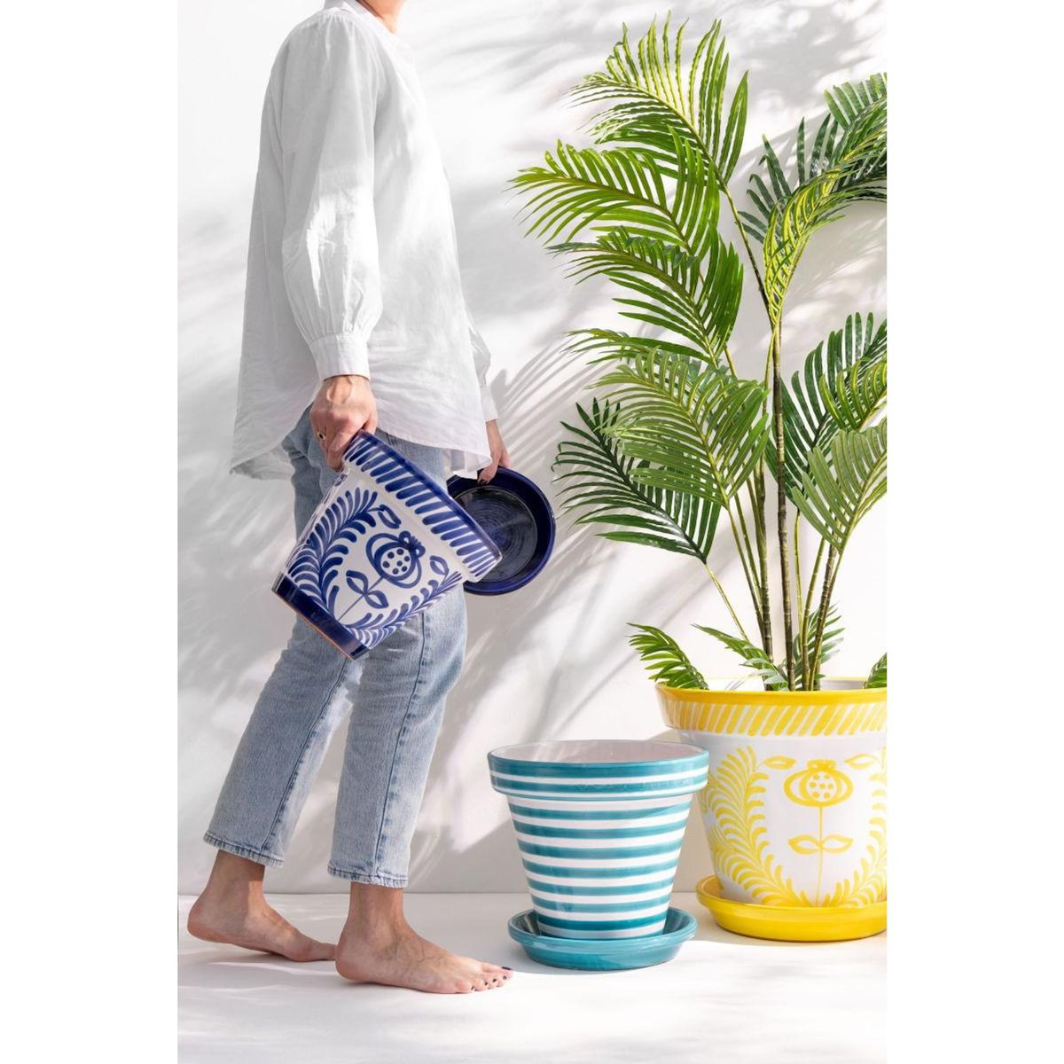 Paris Prix Pot Avec Soucoupe en Céramique  Granada Rayure  35cm Bleu Aqua