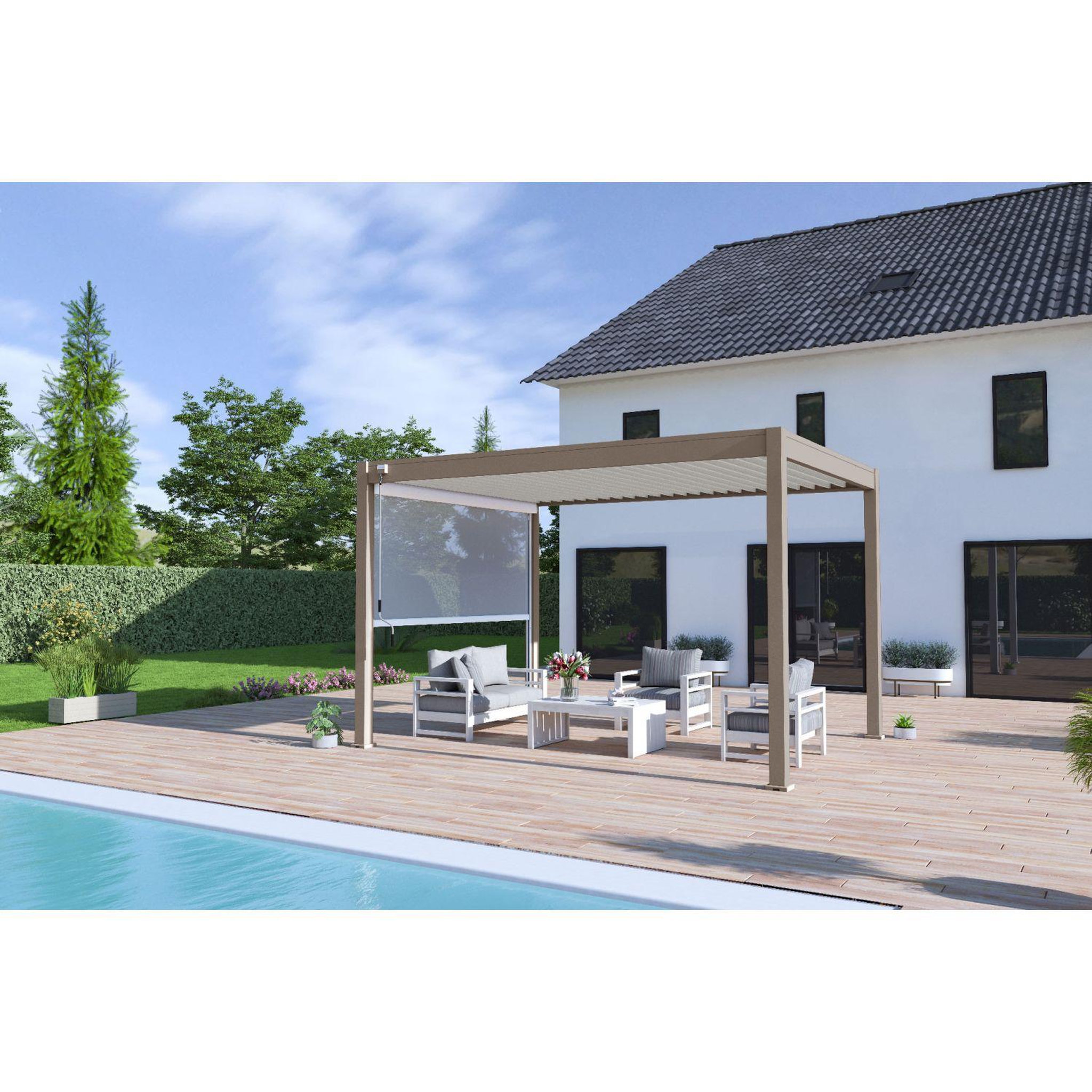 Voir la diapositive 2 : Pergola Bioclimatique autoportée 3x4 m - Aluminium - Taupe/blanc -  VS OmBREA®