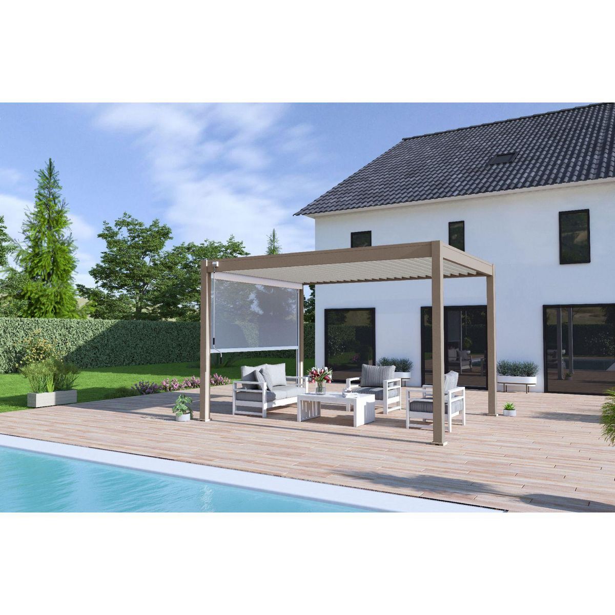 Pergola Bioclimatique autoportée 3x4 m - Aluminium - Taupe/blanc -  VS OmBREA®