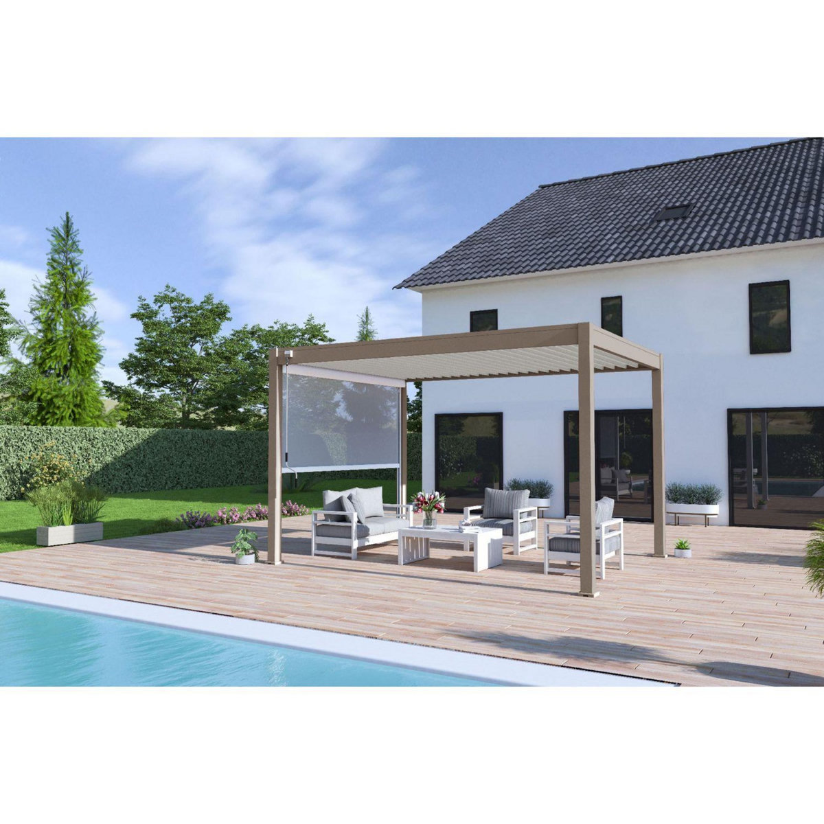 Pergola Bioclimatique autoportée 3x4 m - Aluminium - Taupe/blanc -  VS OmBREA®