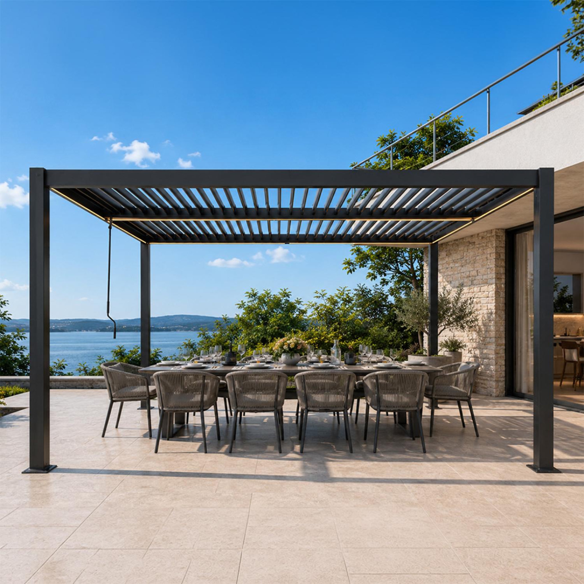 Voir la diapositive 5 : CONCEPT USINE Pergola bioclimatique à led 4x3m structure aluminium lames orientables corfu