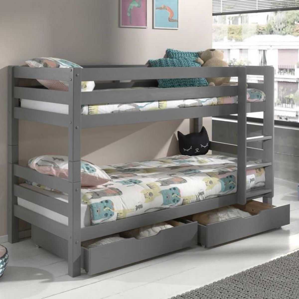 Paris Prix Pack - Lit Superposé Enfant & 2 Tiroirs  Pino  Gris