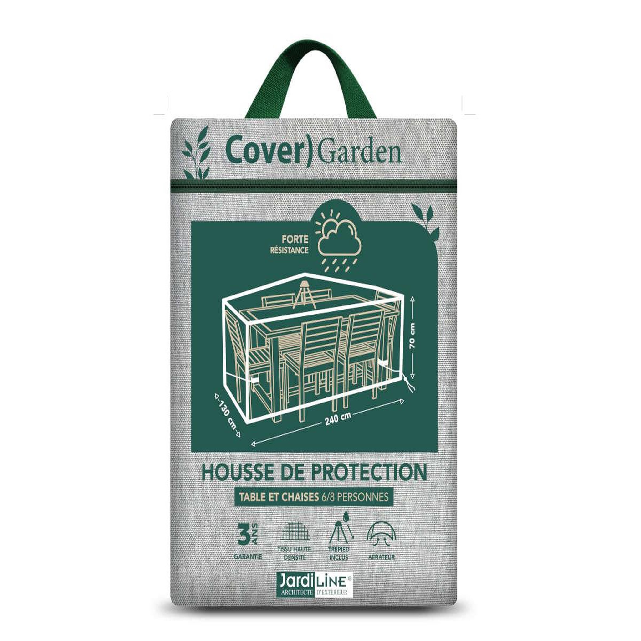 Jardiline Housse de protection cover garden pour table rectangulaire 6-8 personnes + chaises, avec trépied - 240 x 130 x 70 cm - jardiline