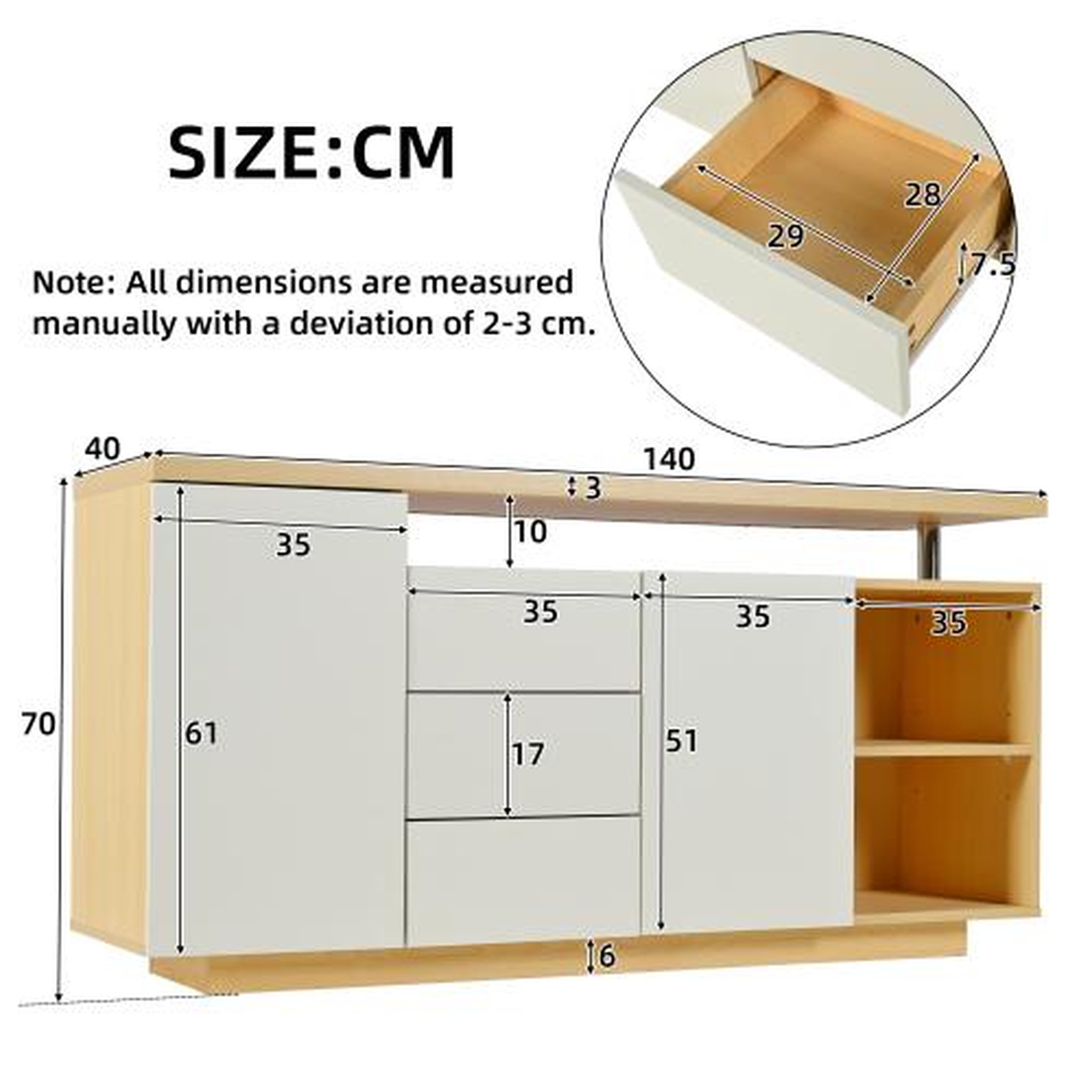 Voir la diapositive 3 : MERAX Buffet 2 porte(s) 3 tiroir(s) - 140 cm naturel+blanc led panneau de particules