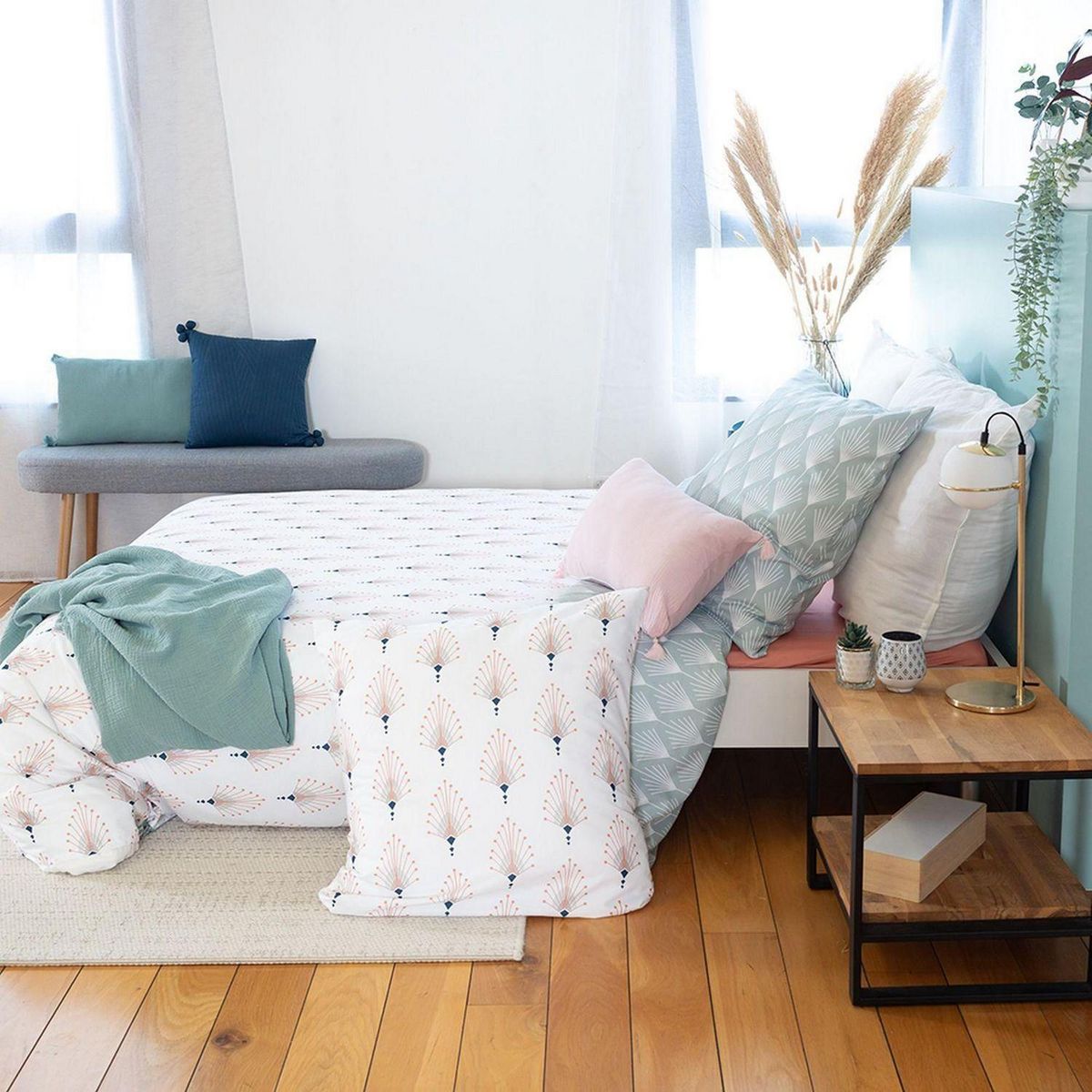 COTE DECO Parure de lit Amador - Microfibre 72 g/m² - 220 x 240 cm - Bleu