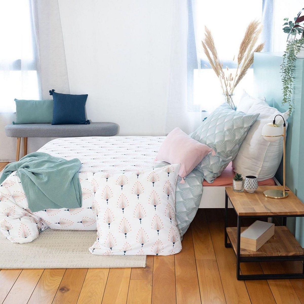 COTE DECO Parure de lit Amador - Microfibre 72 g/m² - 220 x 240 cm - Bleu