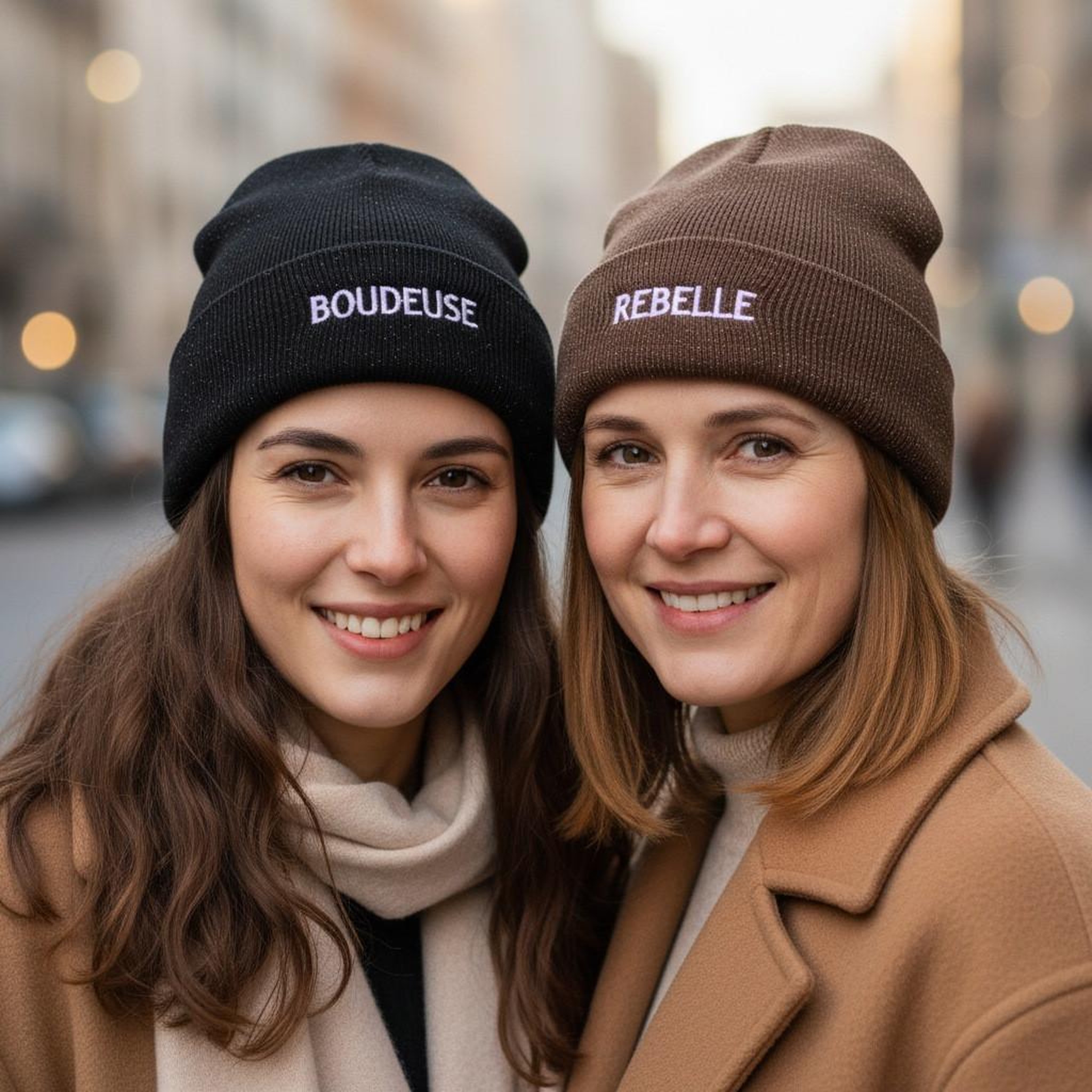 Voir la diapositive 2 : OZABI OZABI Bonnets Femme Fil Lurex Pailleté Message Brodé - Pack de 2 (Lot)
