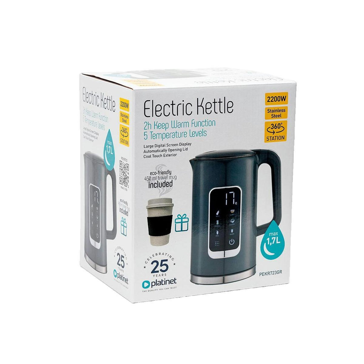 PLATINET Bouilloire Platinet PEKR723GR Gris, 1,7 litre, écran numérique