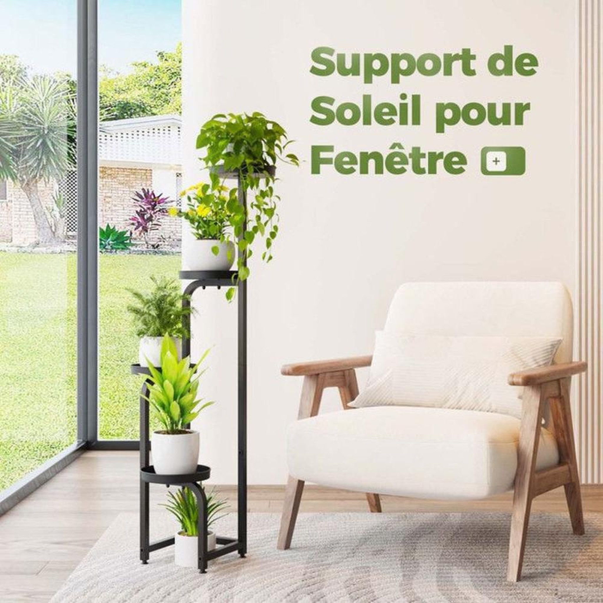Voir la diapositive 4 : Porte plante spirale 4 niveaux noir en métal, plateaux perforés de drainage, pieds réglables, hauteur 116,8 cm