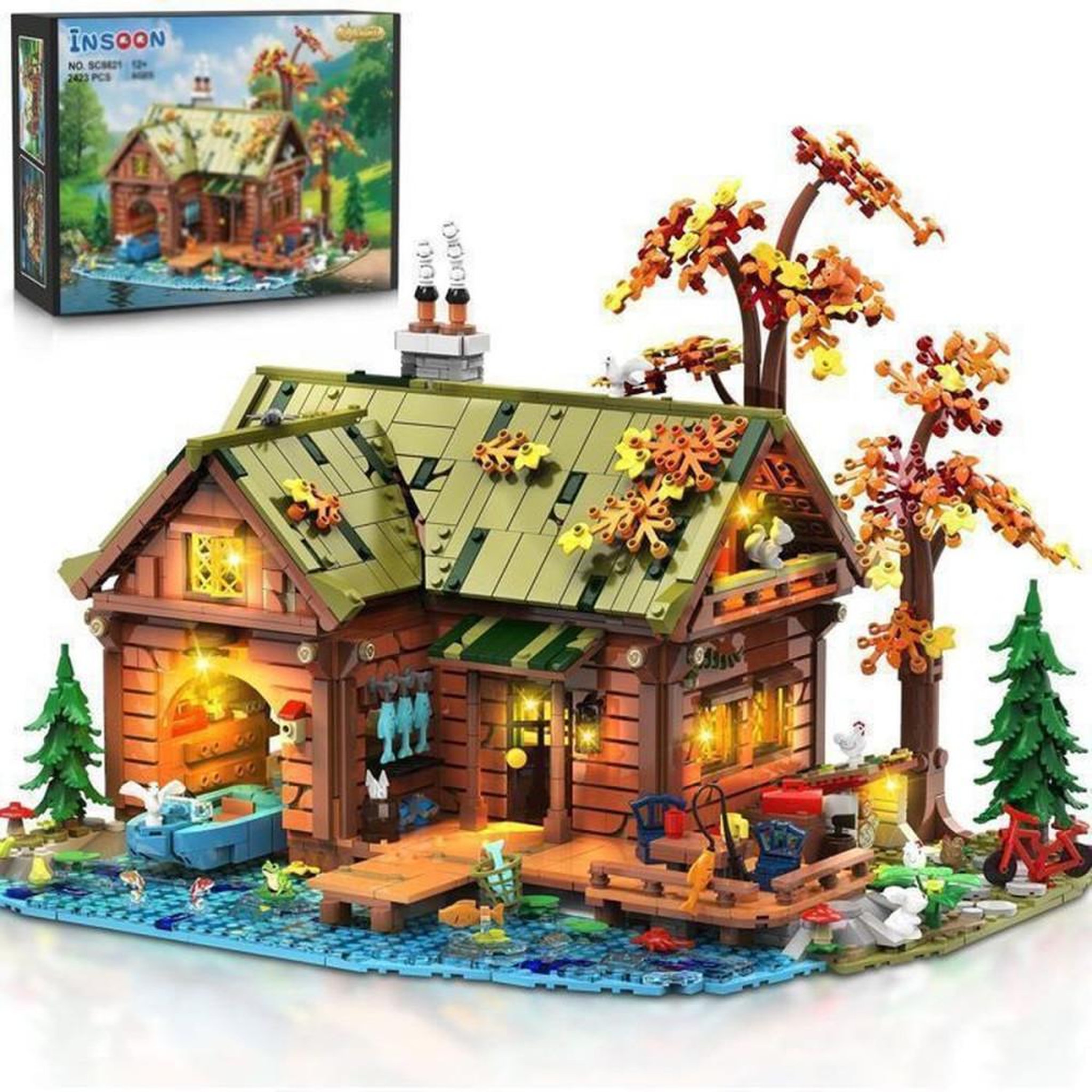 Kit modèle cabane de forêt avec LED, chalet miniature 2 423 pièces, briques emboîtables