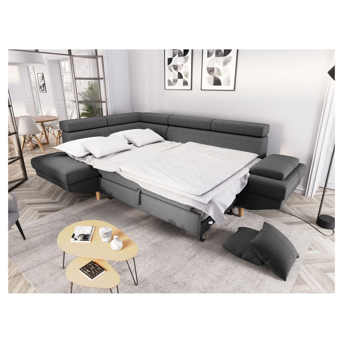 Canapé d'angle gauche convertible 5 places tissu pieds bois clair MARIUS 