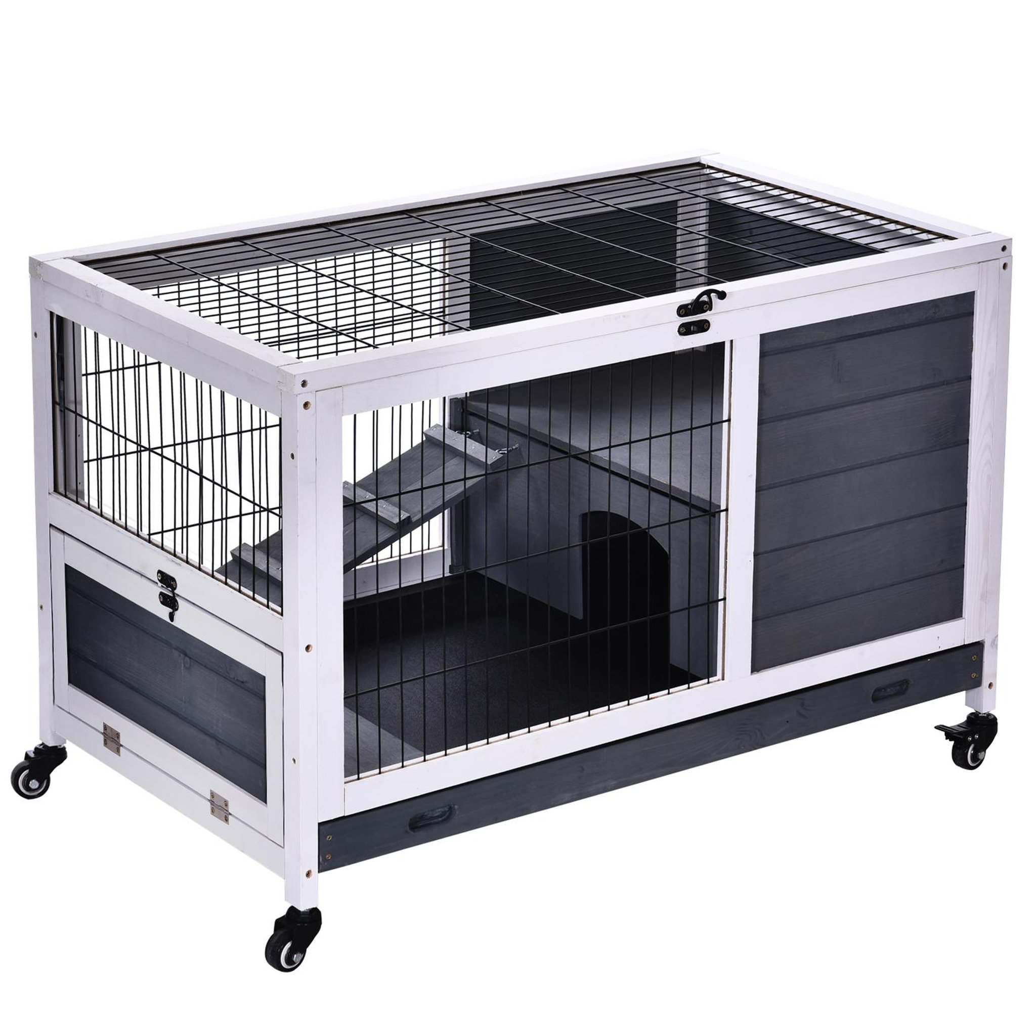 PAWHUT Clapier à lapin sur roulettes cage à lapin 2 étages porte verrouillable toit ouvrant plateau coulissant rampe bois de sapin gris blanc