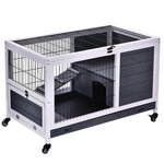 PAWHUT Clapier à lapin sur roulettes cage à lapin 2 étages porte verrouillable toit ouvrant plateau coulissant rampe bois de sapin gris blanc