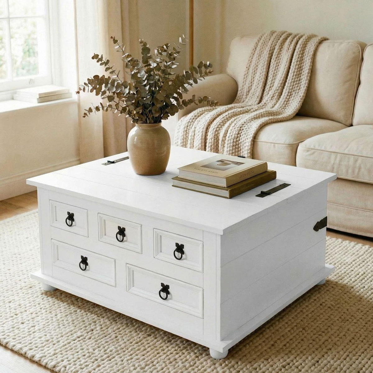 IDIMEX Table basse coffre en pin TEQUILA style mexicain, avec 5 tiroirs, lasuré blanc
