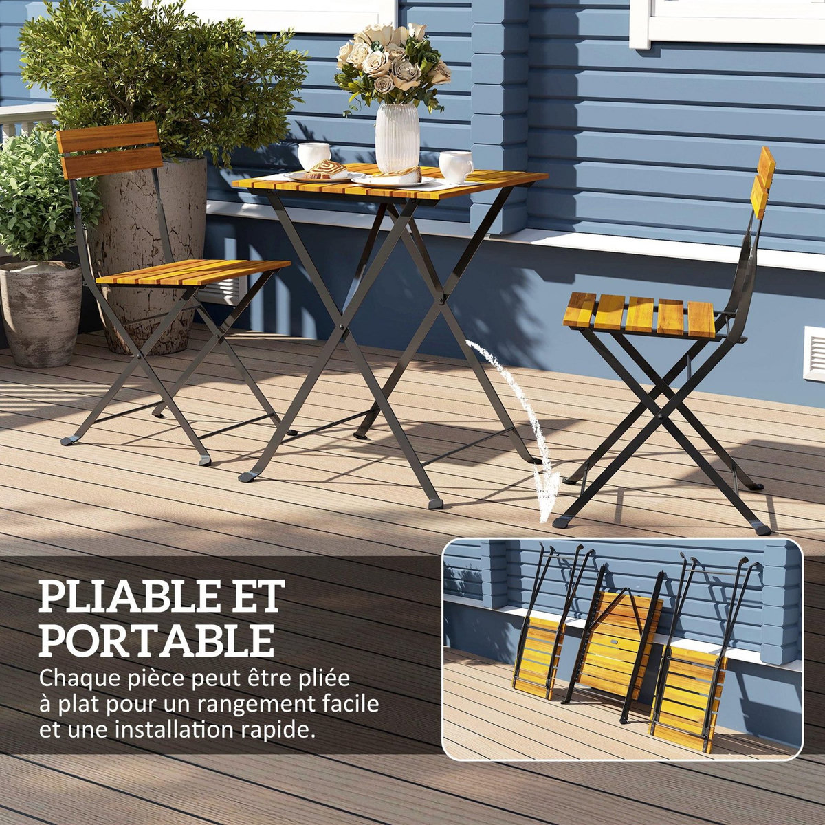 OUTSUNNY Ensemble bistrot de jardin 3 pièces pliables style exotique acier noir lattes bois acacia verni