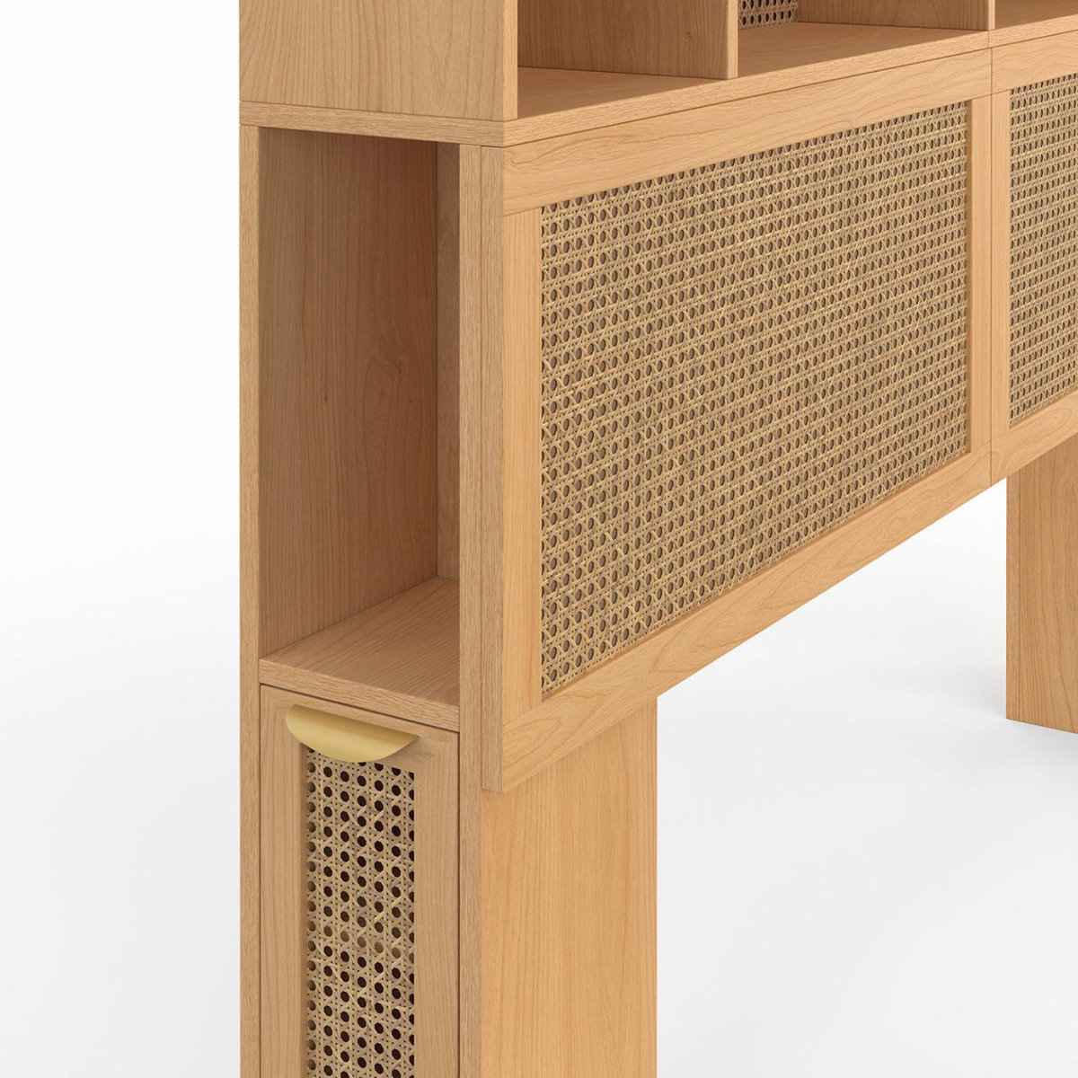 ID MARKET Tête de lit EDHEN 145 cm avec rangements fermés et niches cannage et bois