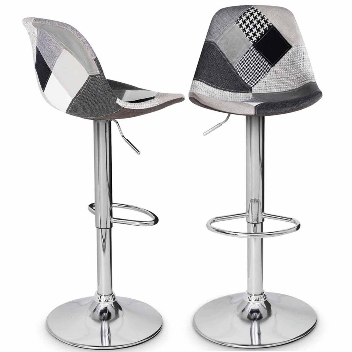 ID MARKET Lot de 2 tabourets de bar KARL design patchworks noirs, gris et blancs pied chromé