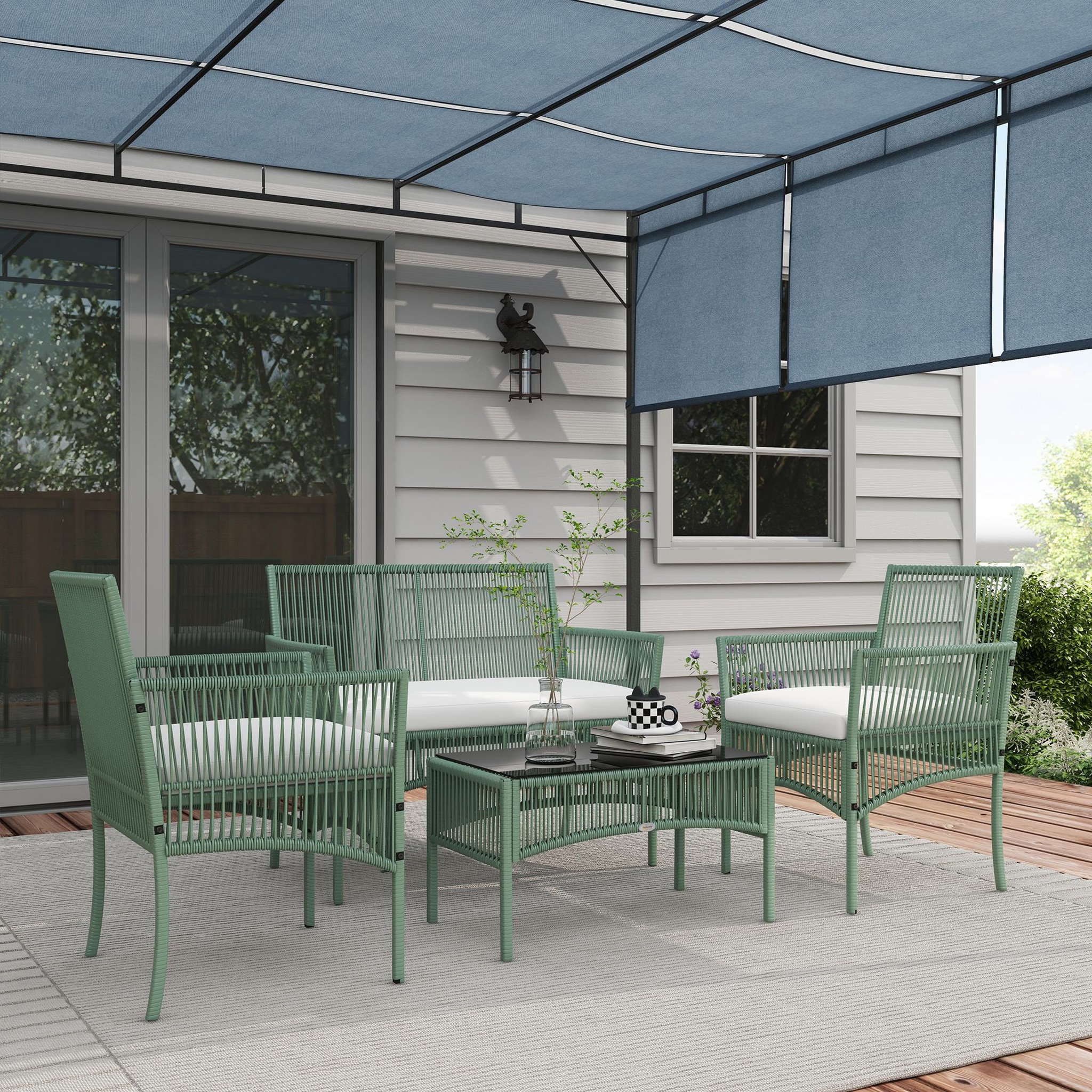 Voir la diapositive 4 : OUTSUNNY Salon de jardin 4 places 4 pièces style colonial table basse coussins inclus résine tressée filée aspect rotin vert
