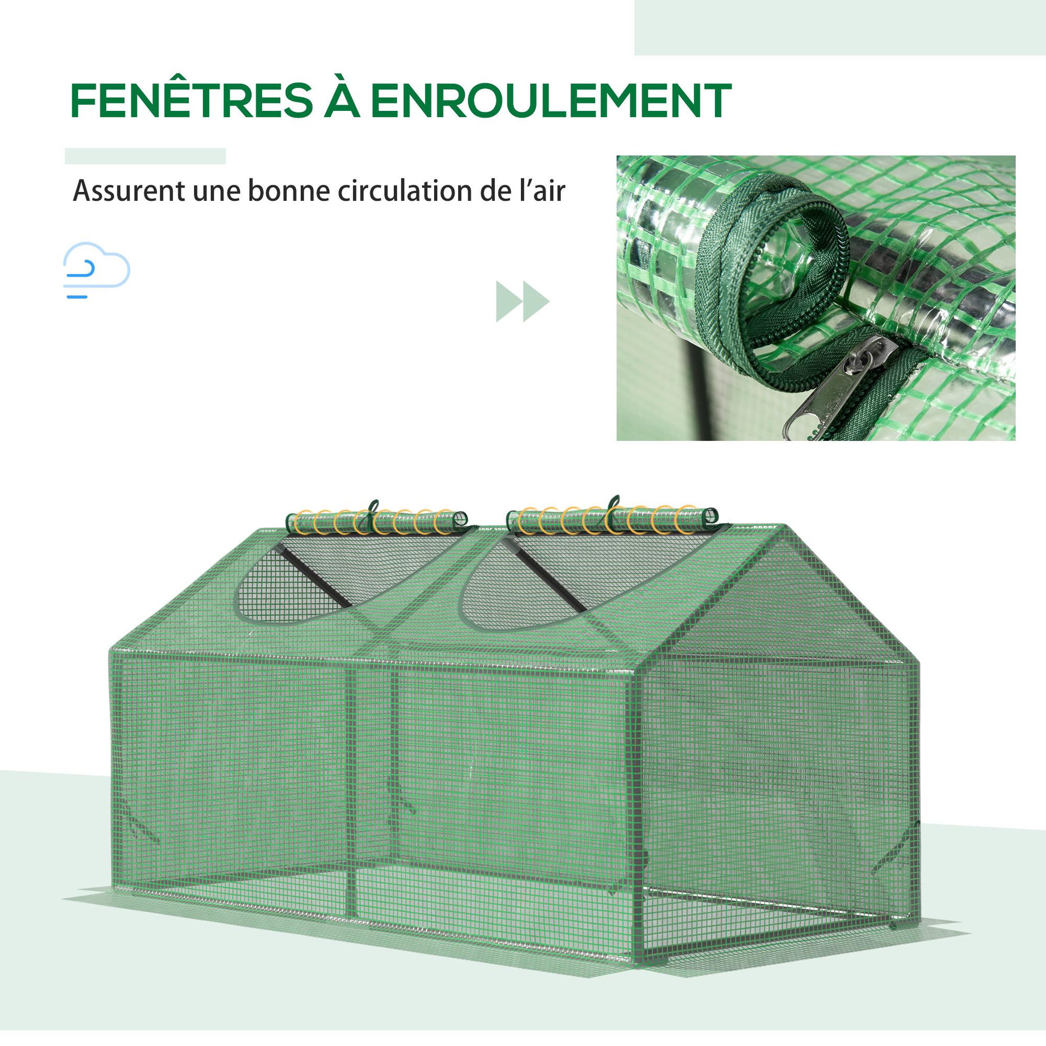 Voir la diapositive 5 : OUTSUNNY Mini serre de jardin serre à tomates 120 x 60 x 60 cm 2 fenêtres zippées enroulables acier thermolaqué PE haute densité vert