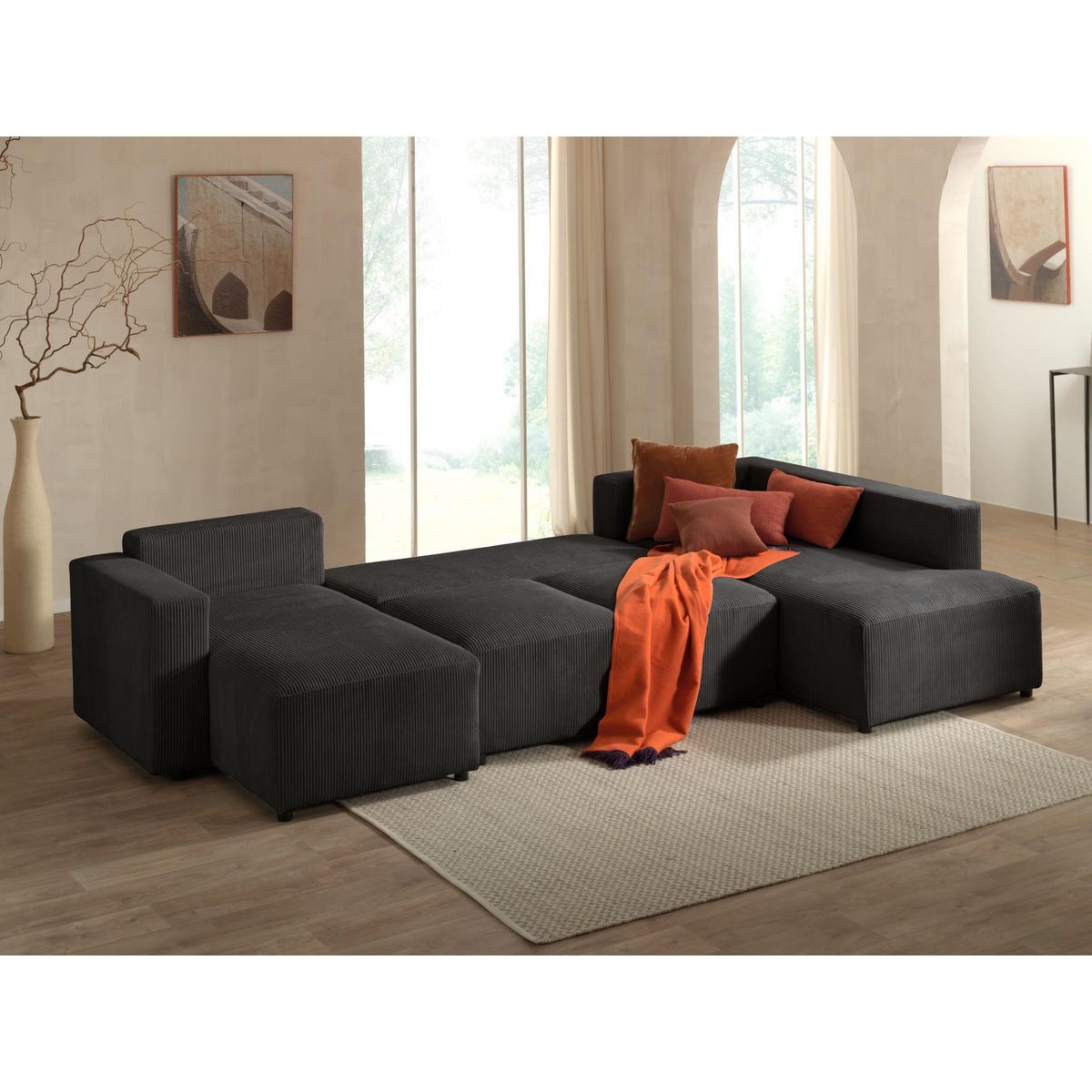 LISA DESIGN Livy - canapé panoramique convertible - avec coffre - en velours côtelé - 7 places - droit