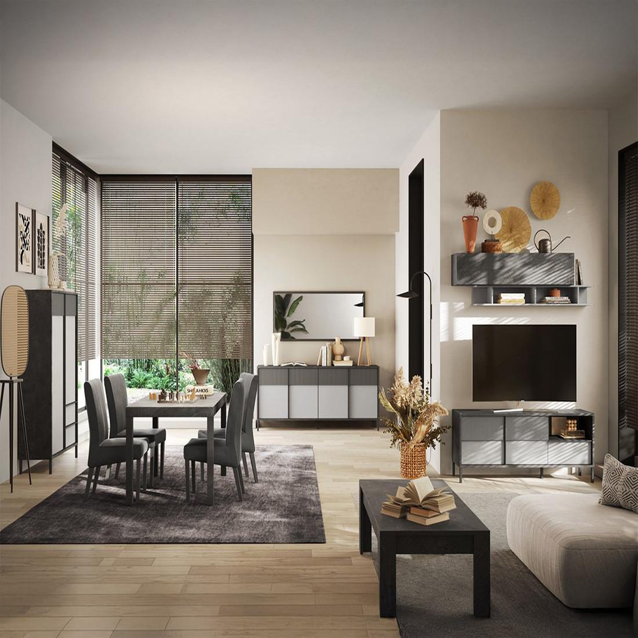 Voir la diapositive 4 : BEST MOBILIER Jules - buffet haut - 2 portes et 2 étagères - 106x177 cm