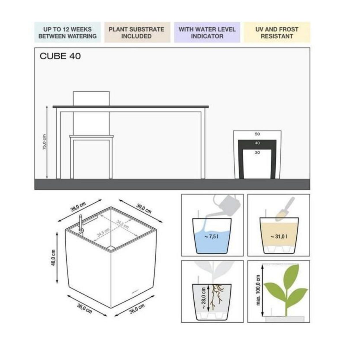 LECHUZA Cube Premium 40 - kit complet, noir brillant 40 cm