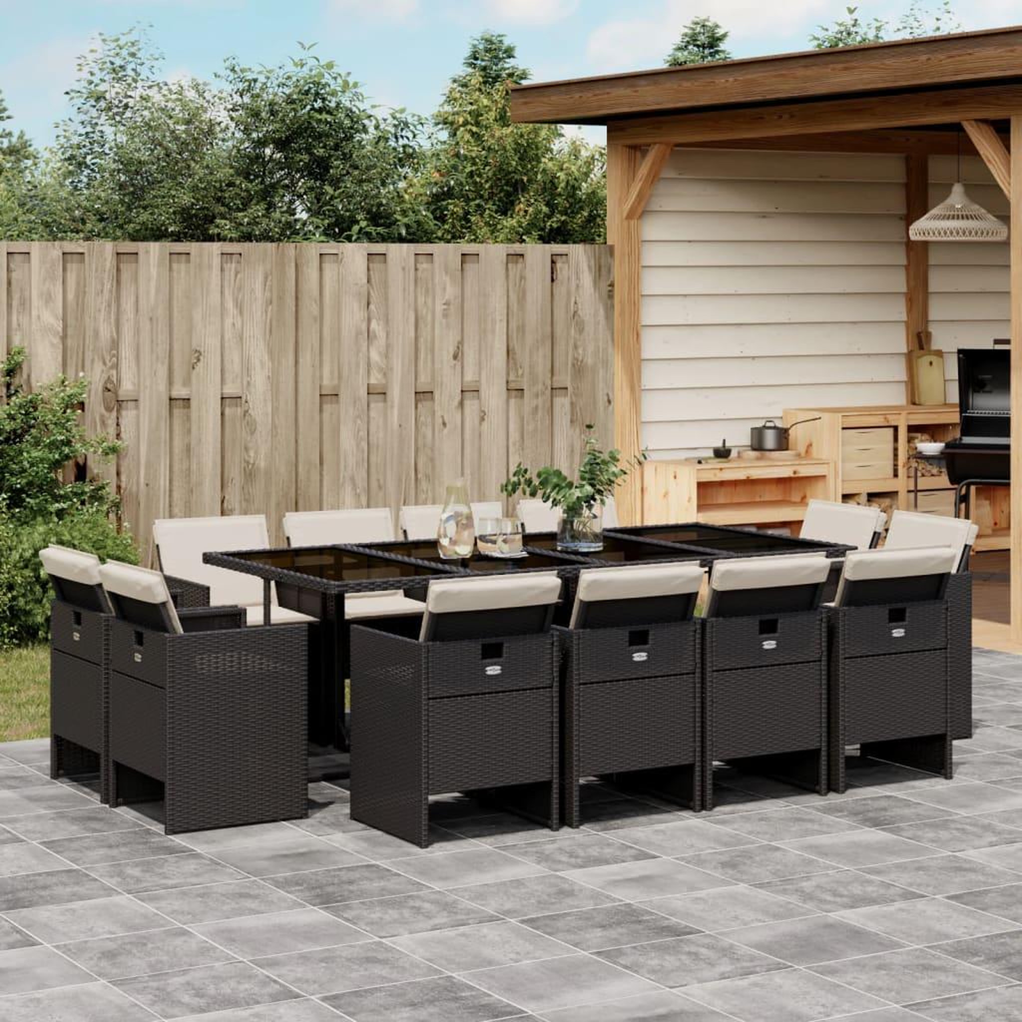 VIDAXL Ensemble a manger de jardin 13 pcs coussins noir resine tressee