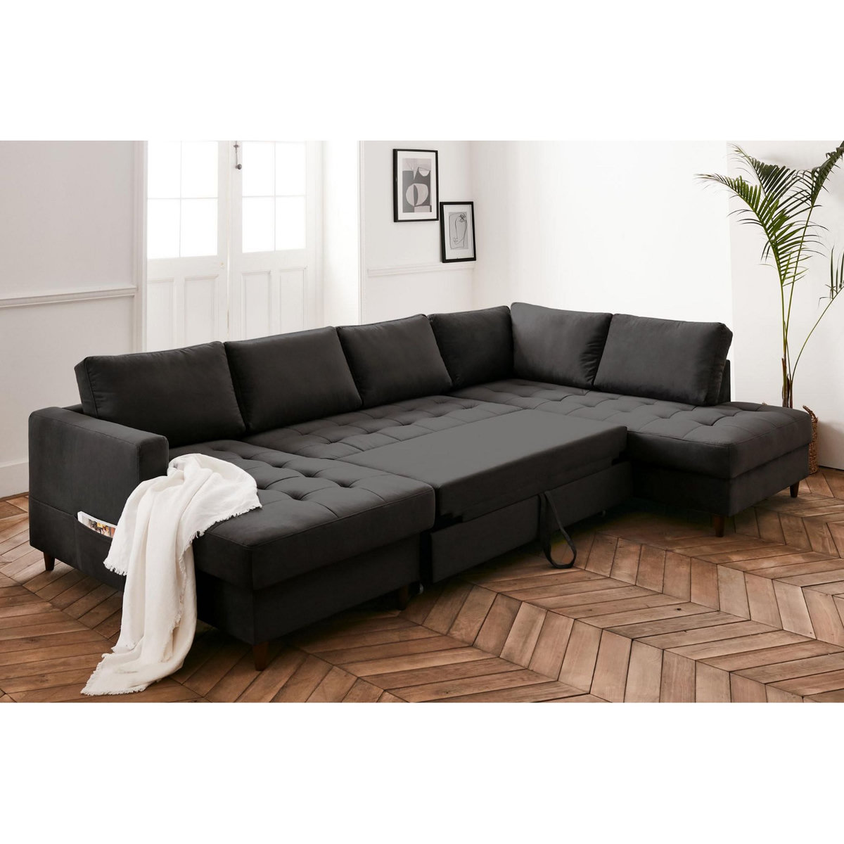 LISA DESIGN Anna - canapé panoramique d'angle droit - 7 places - convertible avec coffre - en velours