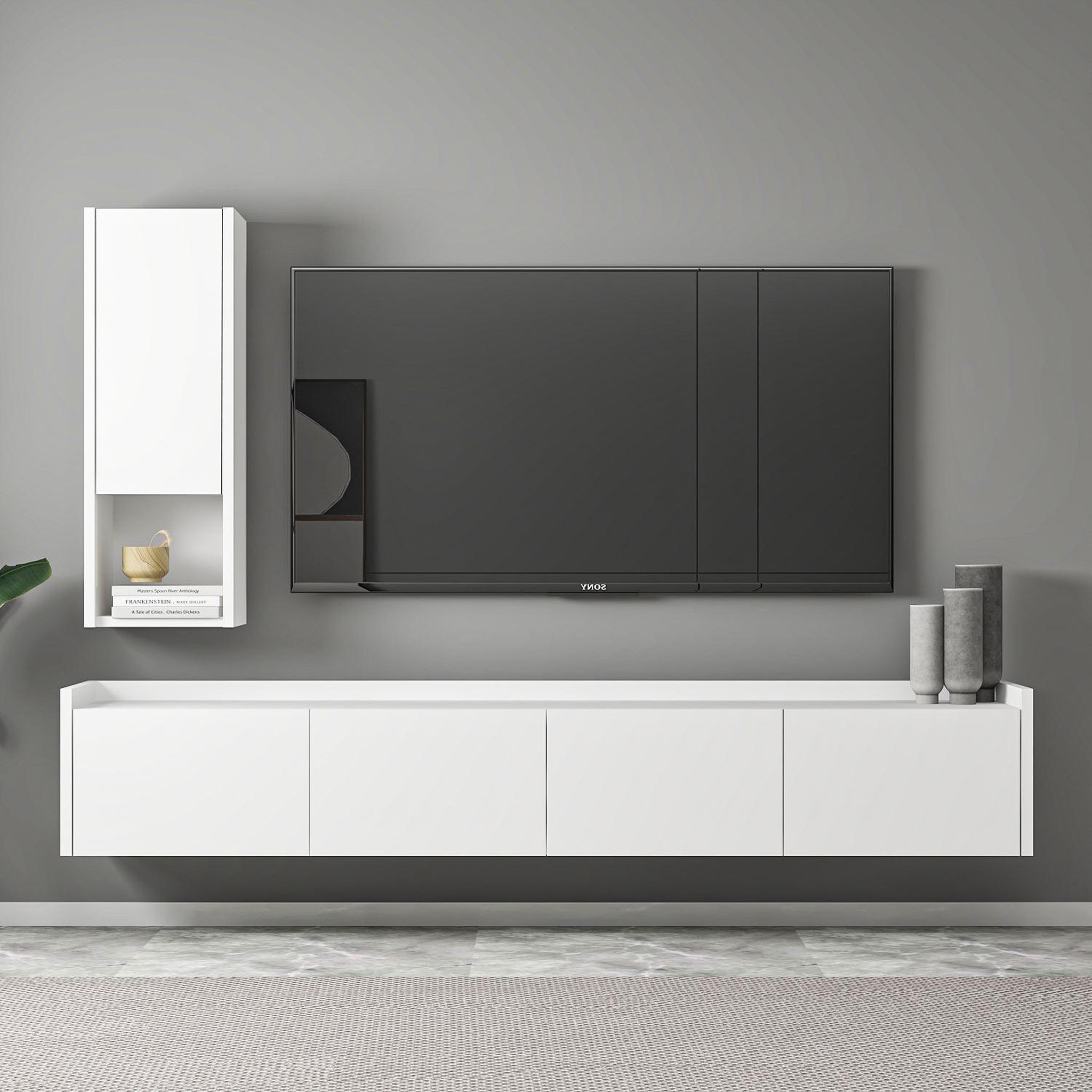 Voir la diapositive 2 : Habitat et Jardin Meuble tv avec étagère murale en bois  sema  - 160 x 30 x 35 cm - blanc