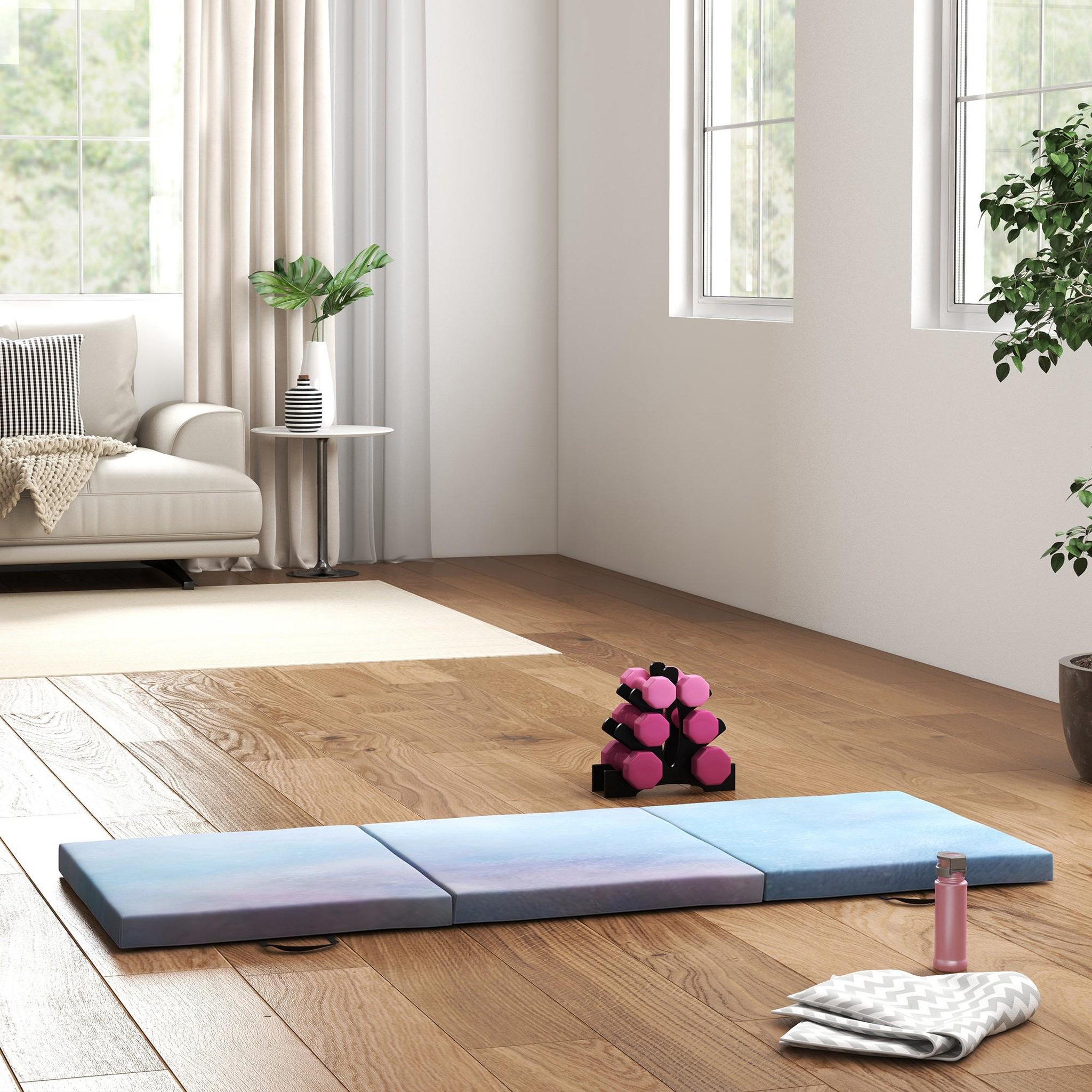Voir la diapositive 6 : HOMCOM Tapis de sol gymnastique fitness pliable portable rembourrage mousse 5 cm dim. 1,8l x 0,6l m revêtement synthétique bleu