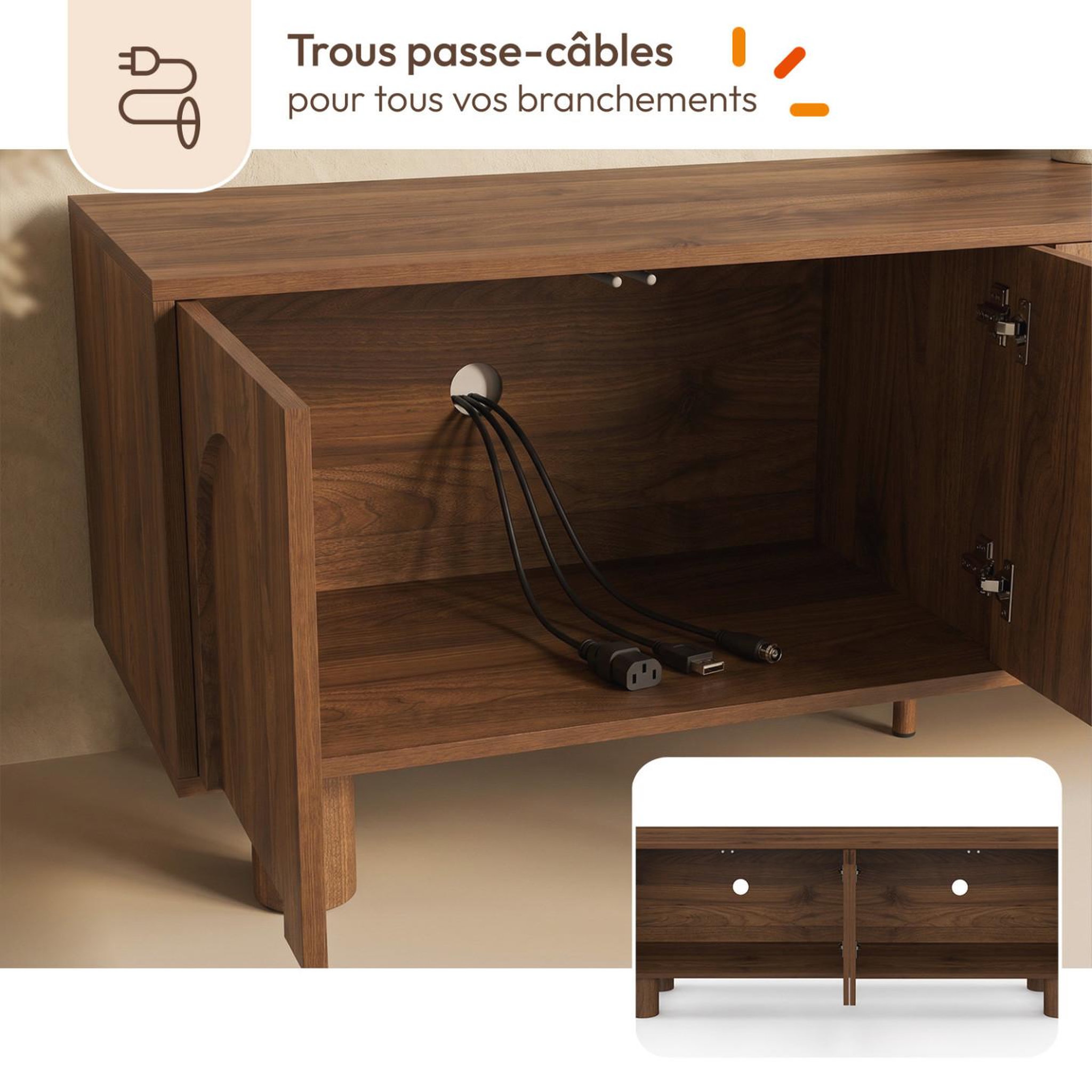 Voir la diapositive 6 : ID MARKET Meuble TV 140 cm ARCHIE 4 portes effet noyer