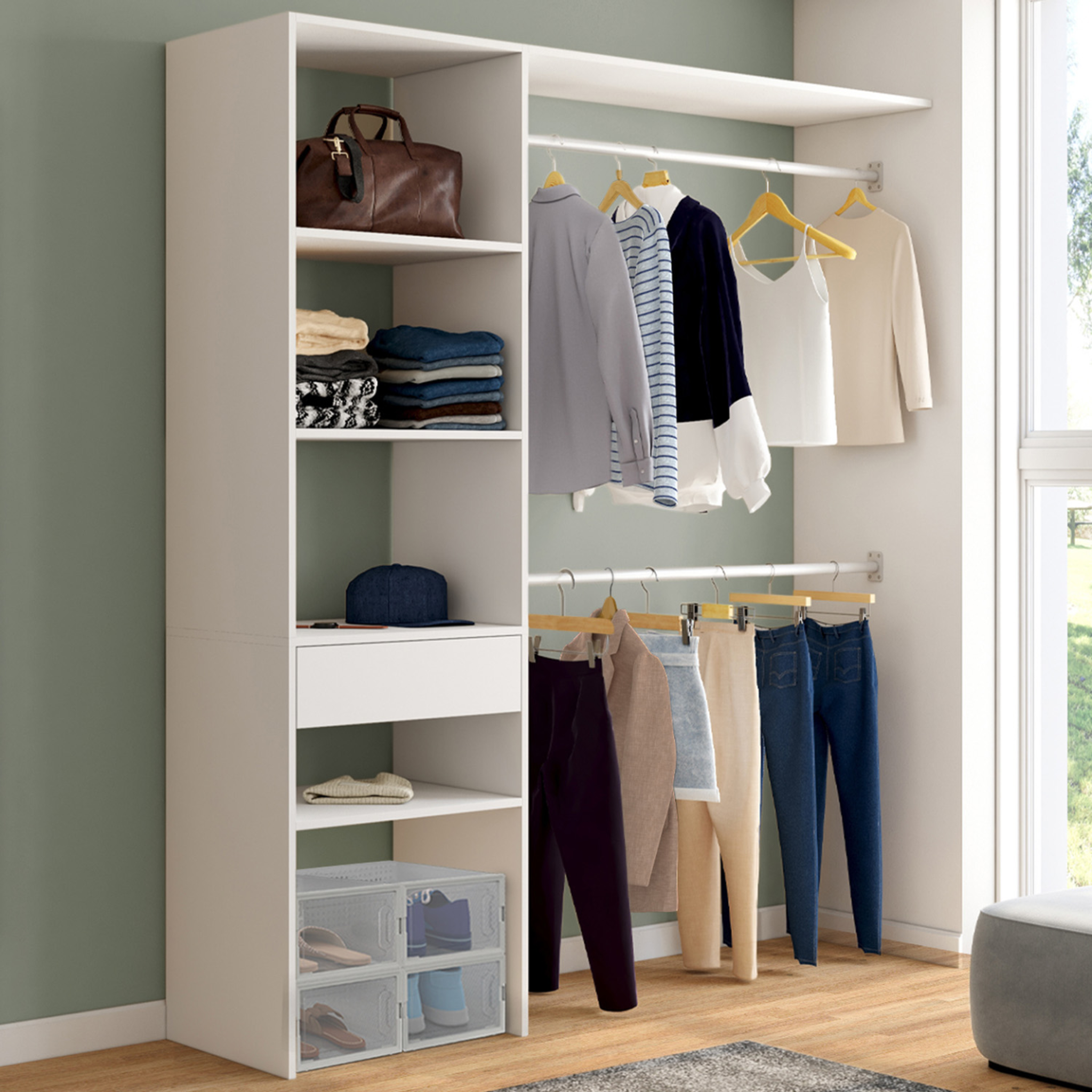 Voir la diapositive 2 : ID MARKET Kit dressing meline 160 x 40 x 180 cm blanc avec étagères + tiroir + double penderie