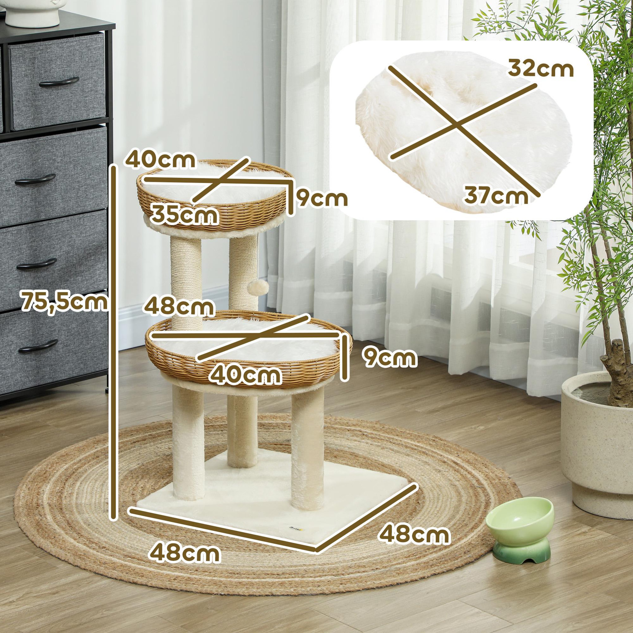 Voir la diapositive 3 : PAWHUT Arbre à chat style bohème aspect rotin tressé - griffoirs, 2 paniers coussins effet fourrure, balle suspendue - beige