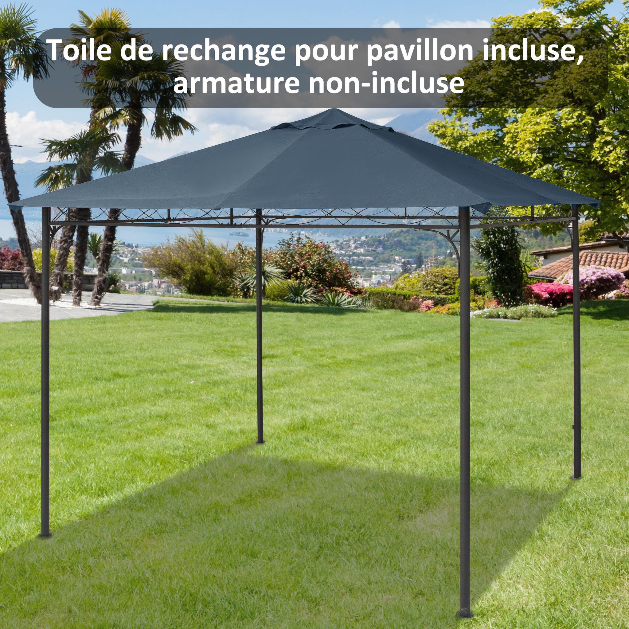 Voir la diapositive 2 : OUTSUNNY Toile de rechange pour pavillon tonnelle tente 3 x 3 m polyester haute densité 180 g/m² revêtement PA anti-UV gris