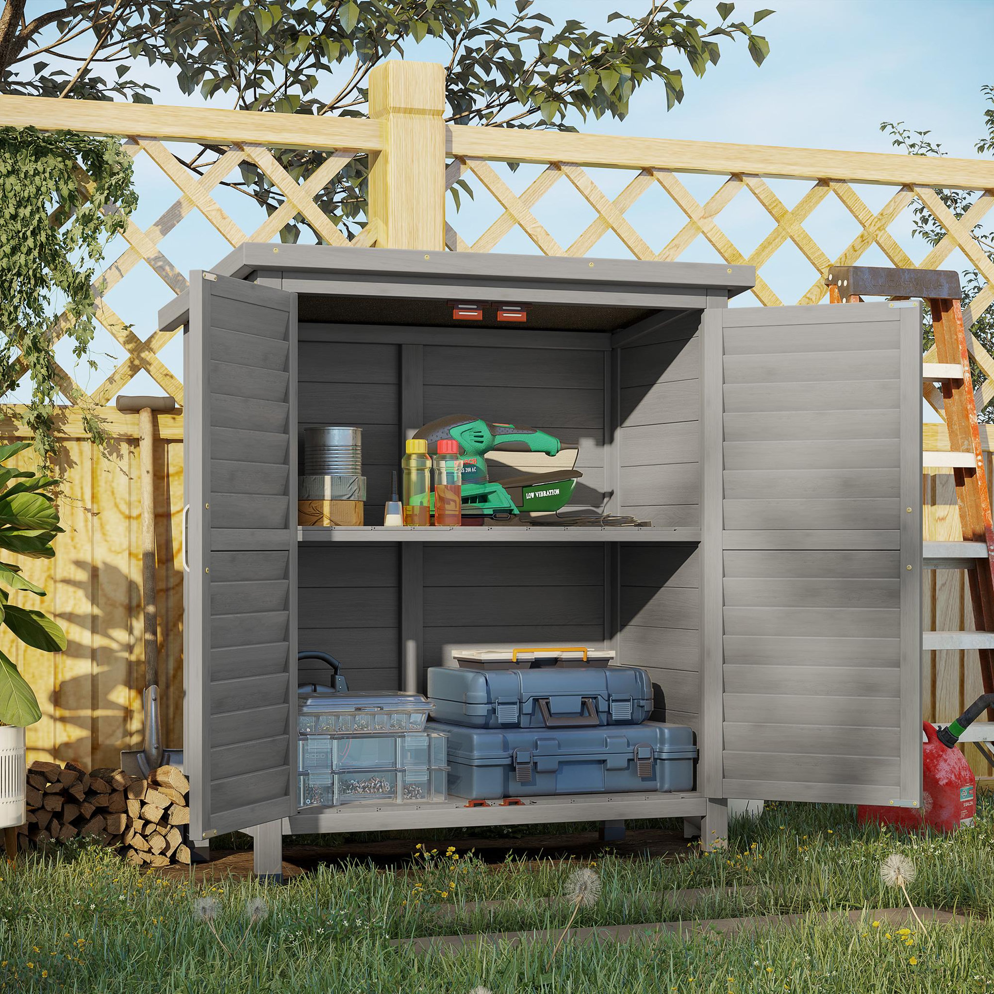 Voir la diapositive 2 : OUTSUNNY Armoire de jardin abri jardin remise pour outils sur pied dim. 87L x 46l x 96H cm étagère portes persiennes toit bitumé bois sapin autoclave gris