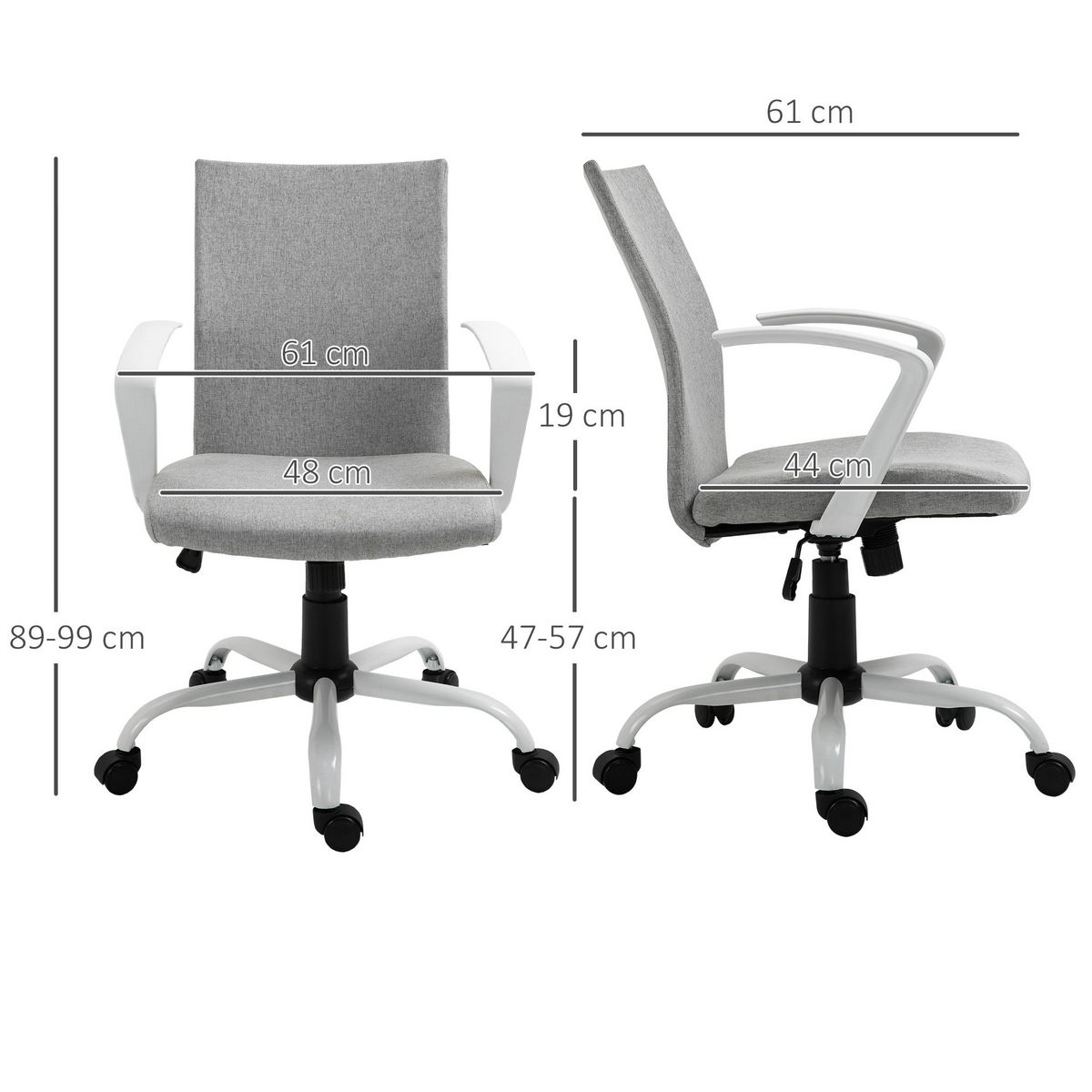 VINSETTO Chaise de bureau ergonomique hauteur réglable pivotante 360° piètement acier blanc lin gris clair