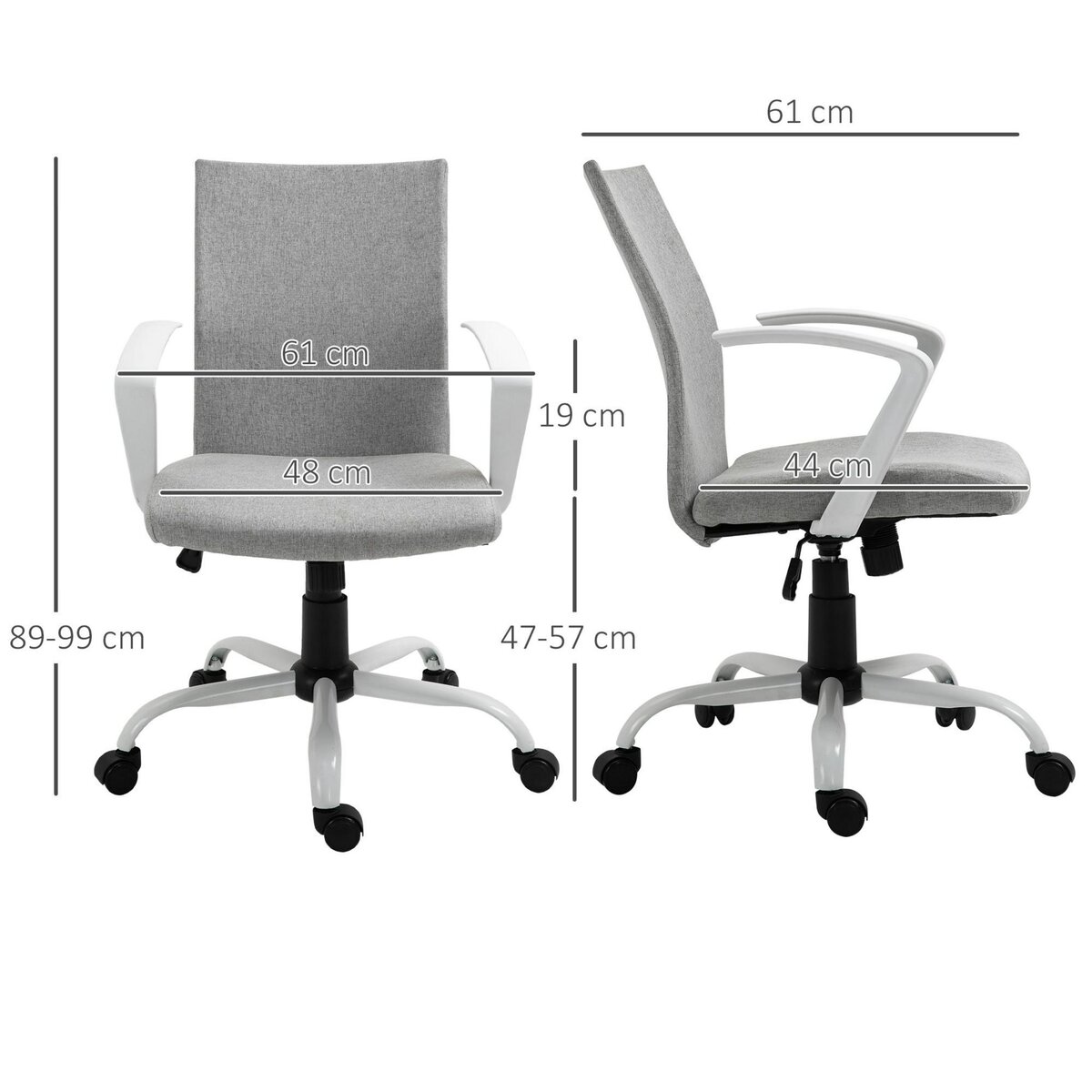 VINSETTO Chaise de bureau ergonomique hauteur réglable pivotante 360° piètement acier blanc lin gris clair