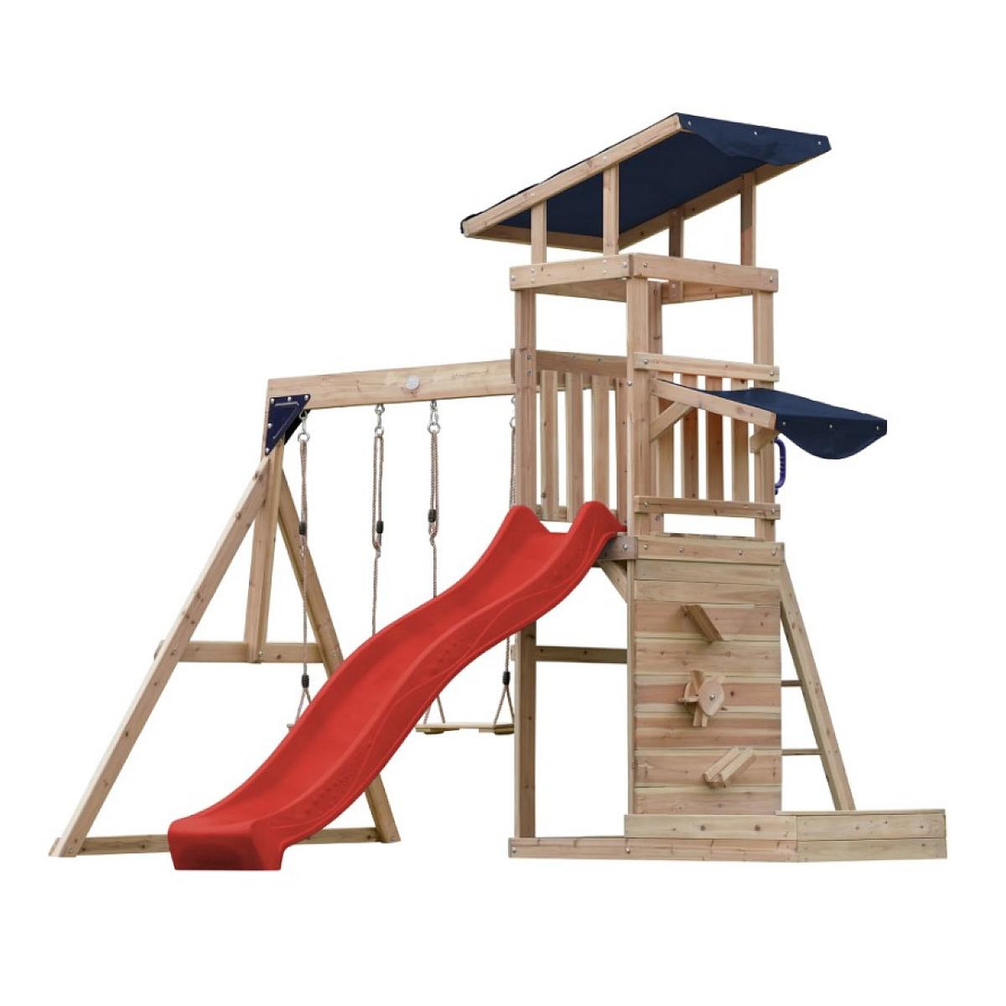 Voir la diapositive 2 : Axi House Portique Malik 2 balançoires + mur toboggan rouge