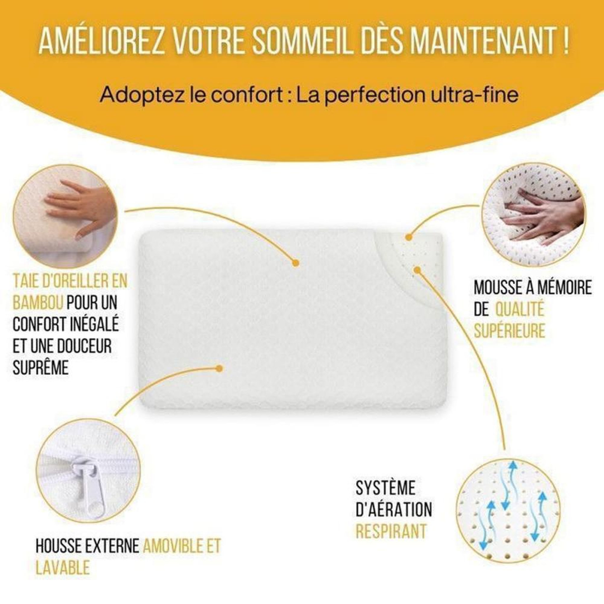 Voir la diapositive 2 : Oreiller extra plat en mousse à mémoire de forme pour dormeurs sur le ventre 58x38x7 cm, housse en bambou respirante