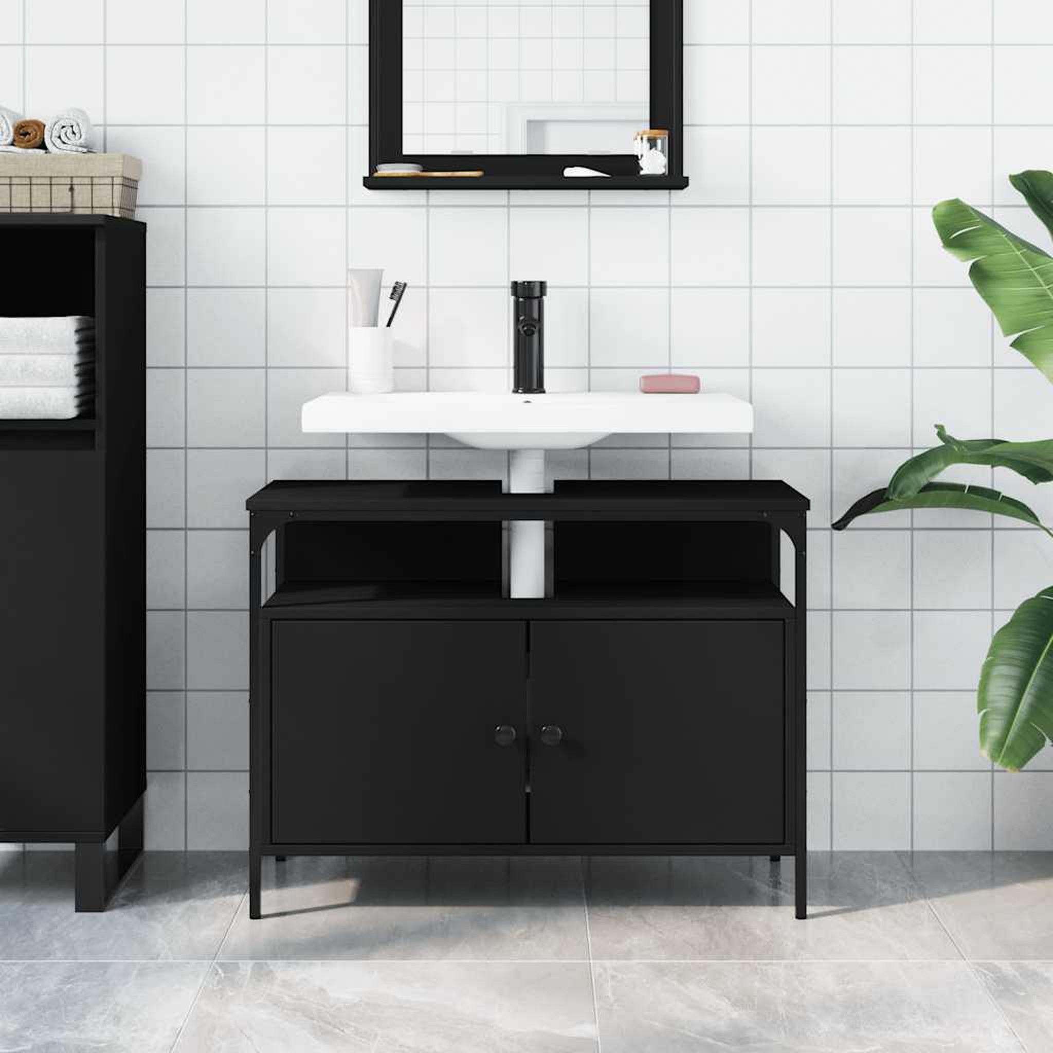 Voir la diapositive 3 : VIDAXL Armoire lavabo de salle de bain noir 80x30x60 cm