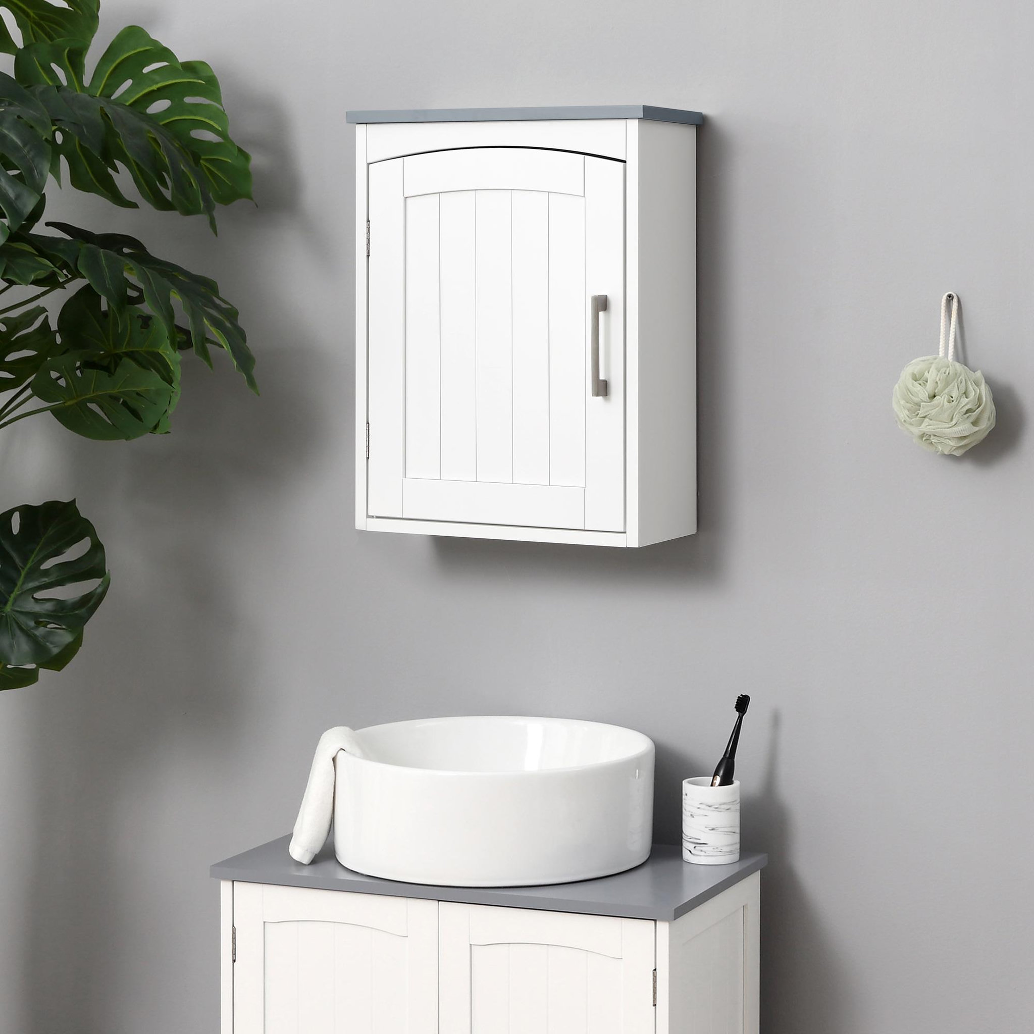 Voir la diapositive 2 : KLEANKIN Armoire haute murale de salle de bain ou wc - placard porte avec étagère réglable - dim. 41l x 18l x 52h cm - mdf blanc gris