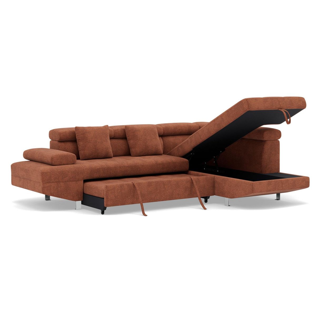 BEST MOBILIER Margaux - canapé d'angle droit 5 places convertible avec coffre et têtières réglables en velours texturé