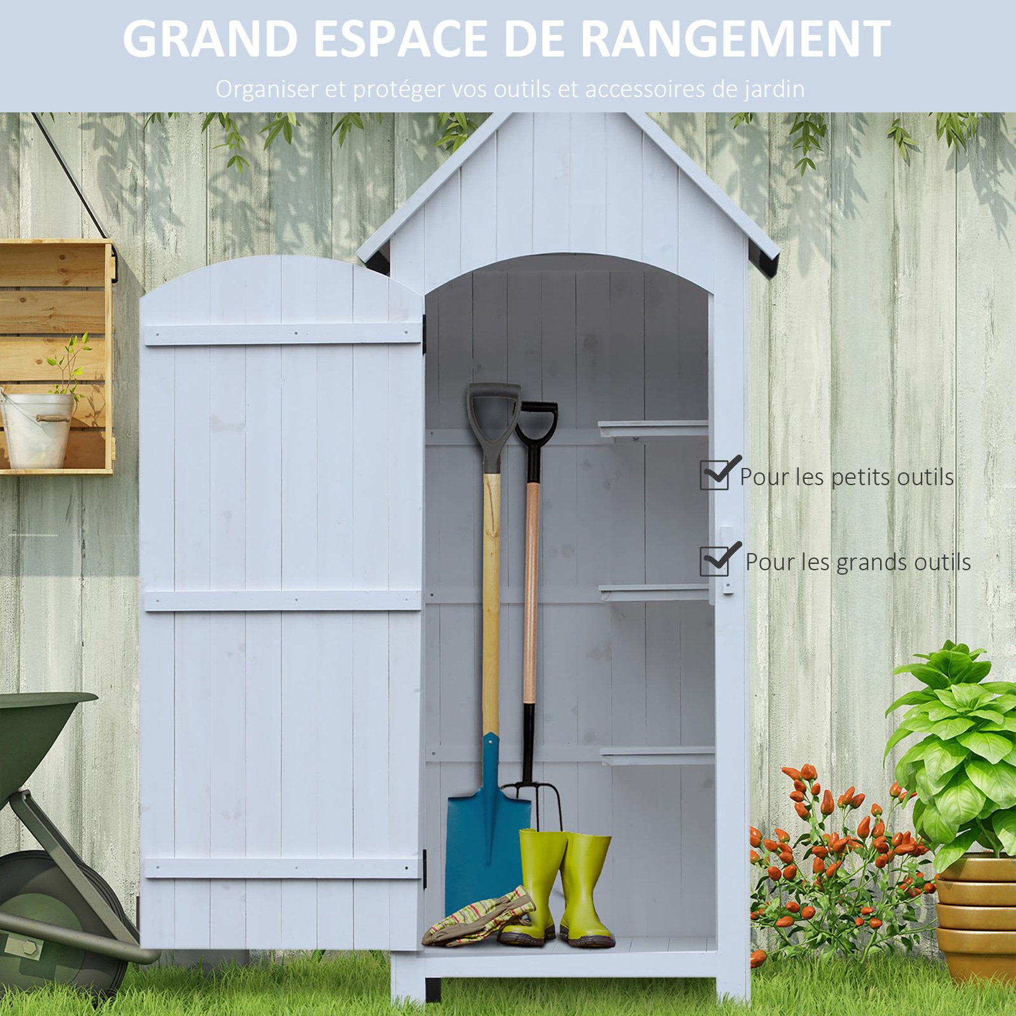 Voir la diapositive 4 : OUTSUNNY Armoire abri de jardin remise pour outils 3 étagères porte loquet toit pente bitumé dim. 77L x 54l x 179H cm bois sapin pré-huilé blanc