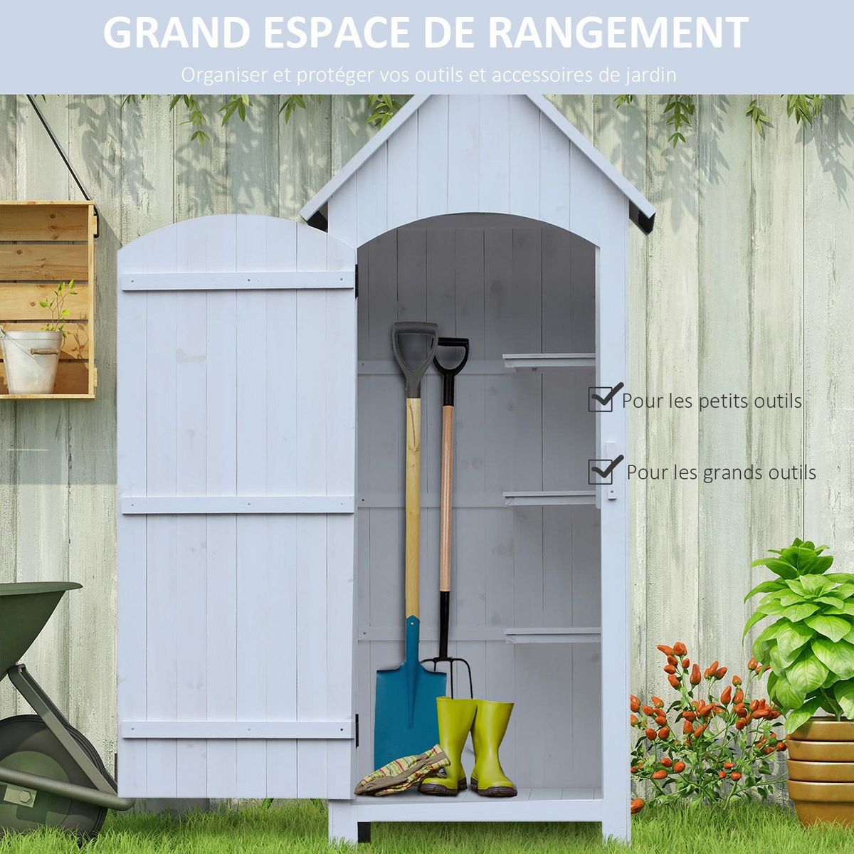 OUTSUNNY Armoire abri de jardin remise pour outils 3 étagères porte loquet toit pente bitumé dim. 77L x 54l x 179H cm bois sapin pré-huilé blanc