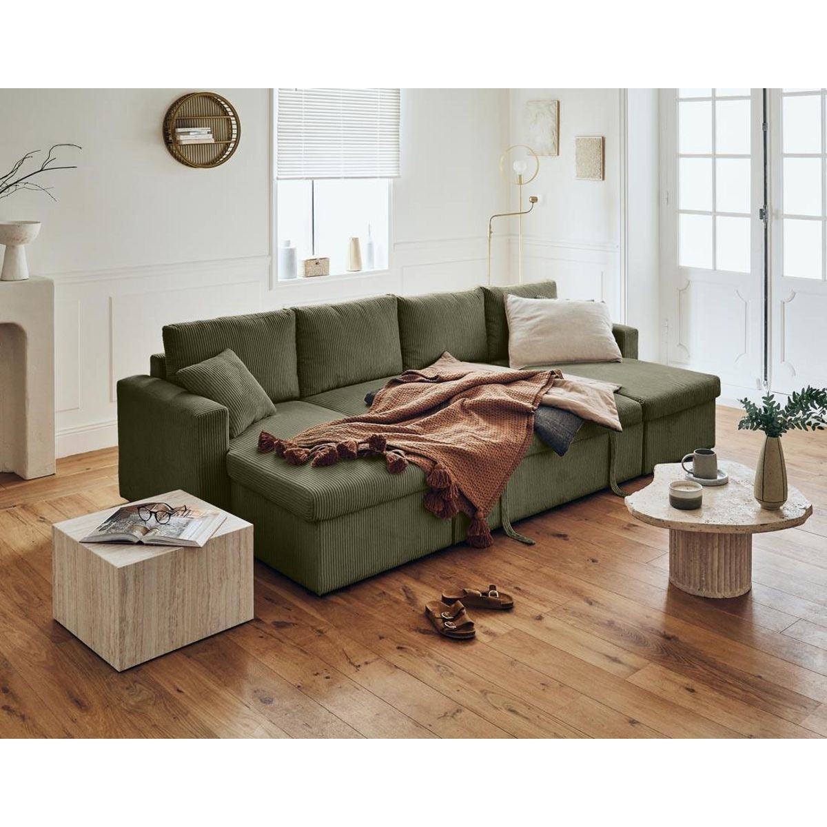 BEST MOBILIER Cyrus - canapé panoramique en u - 7 places - convertible avec coffre - en velours côtelé