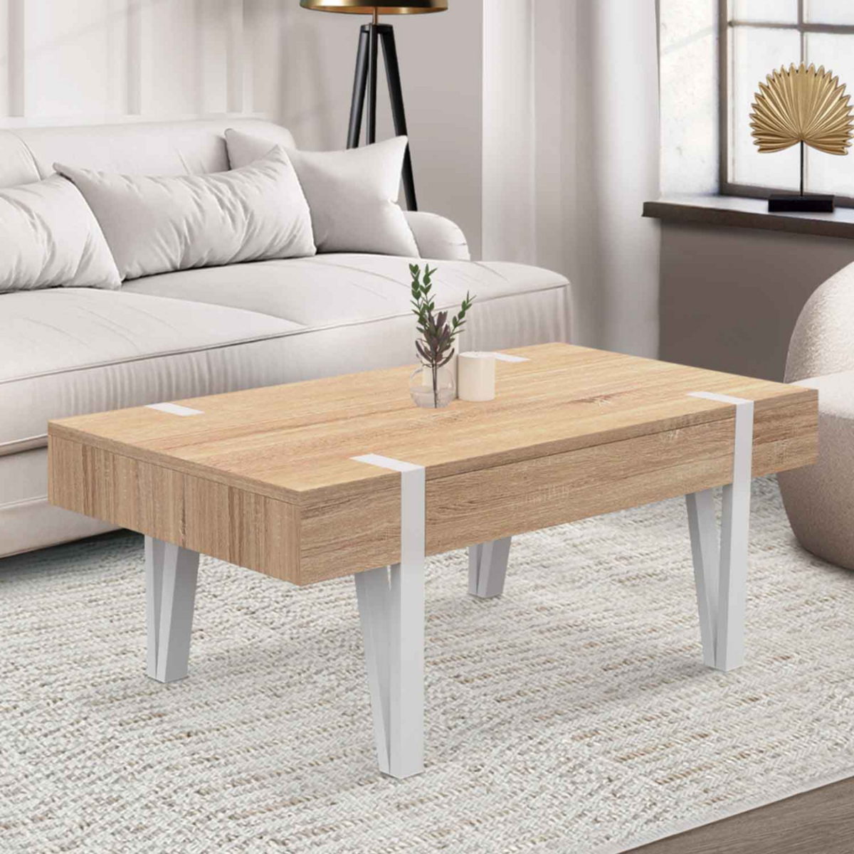 ID MARKET Table basse 1 tiroir AUSTRIA bois pied épingle blanc