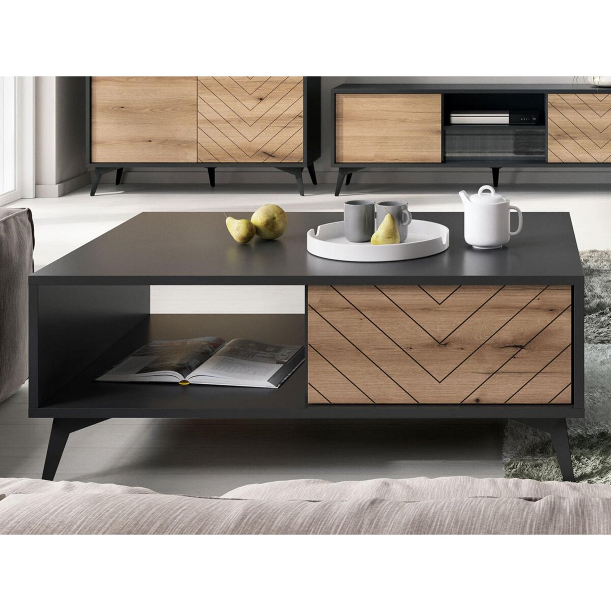 BEST MOBILIER Peter - table basse - effet bois et noir - 2 tiroirs et 1 niche - 104 cm